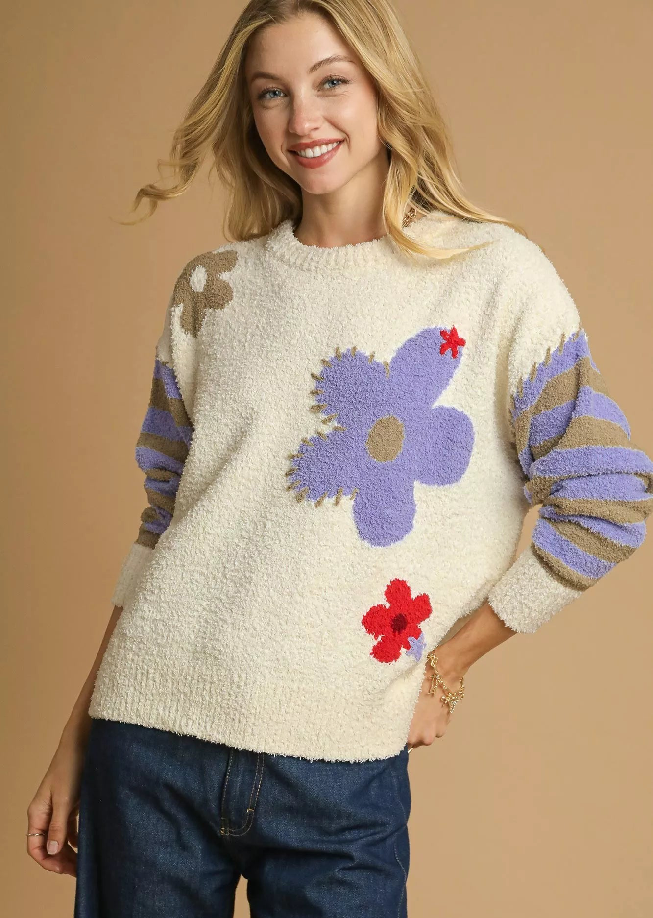 Umgee Flower Jacquard Striped Long Sleeve Sweater