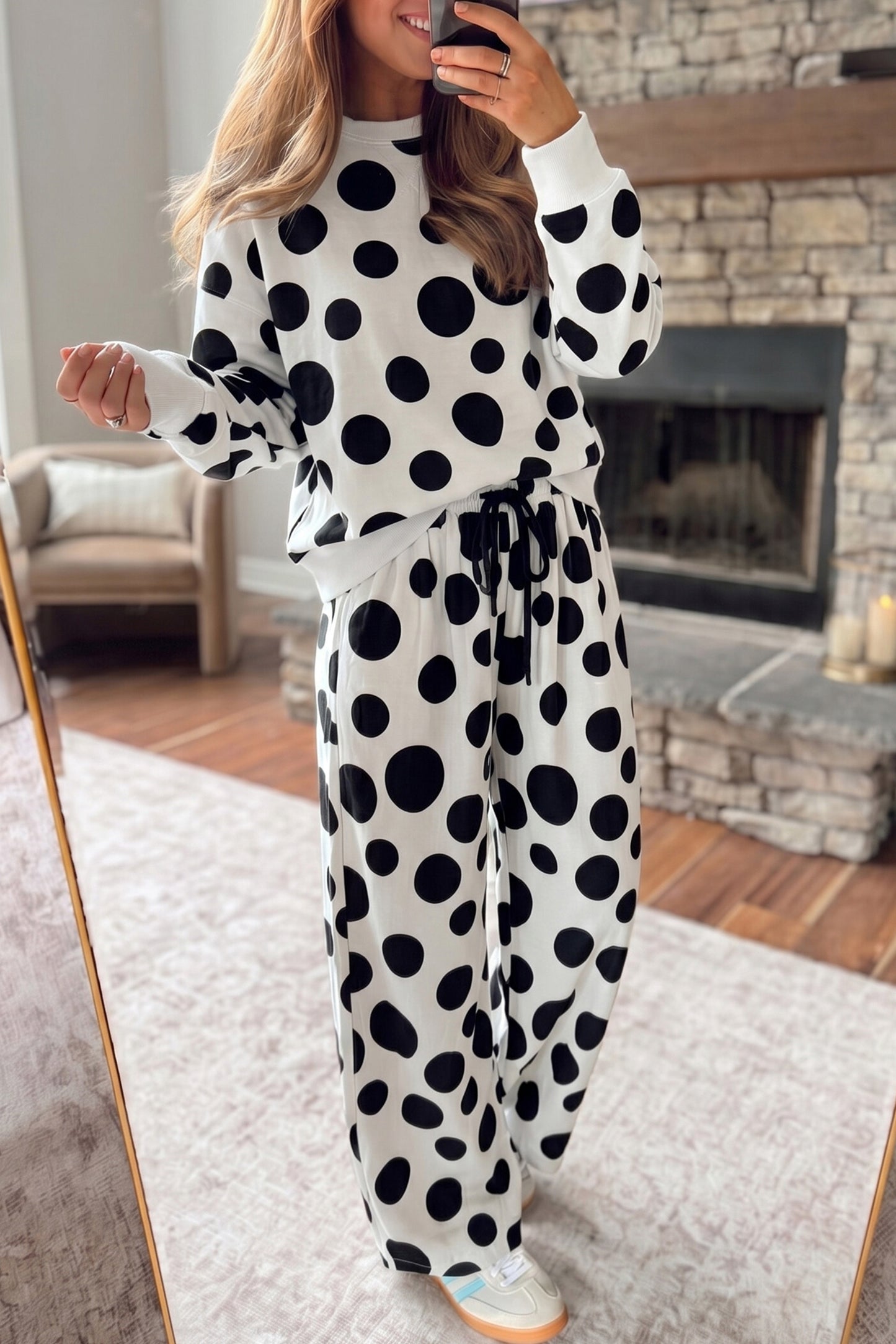 Khaki Polka Dot Long Sleeve Top Drawstring Relaxed Pants Set