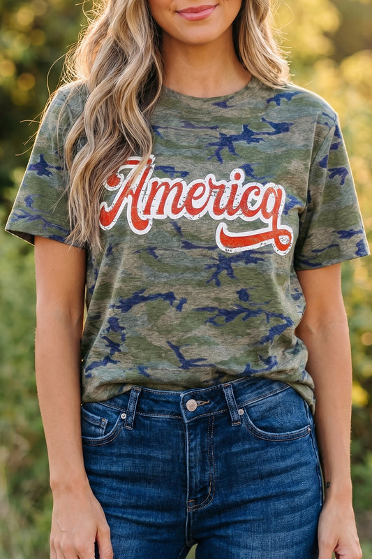 Multicolour Stylish Camouflage Print America Patriotic Tee