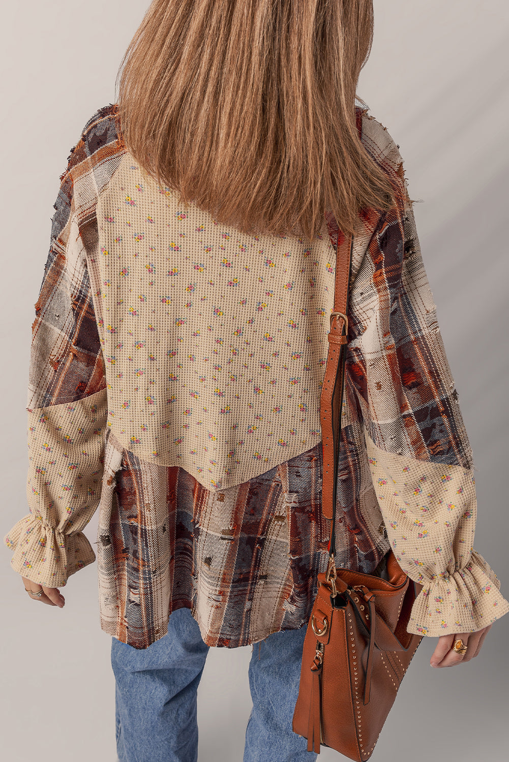 Oatmeal Boho Floral Plaid Patchwork Distressed Detail Ruffled Sleeve Waffle Knit Shacket