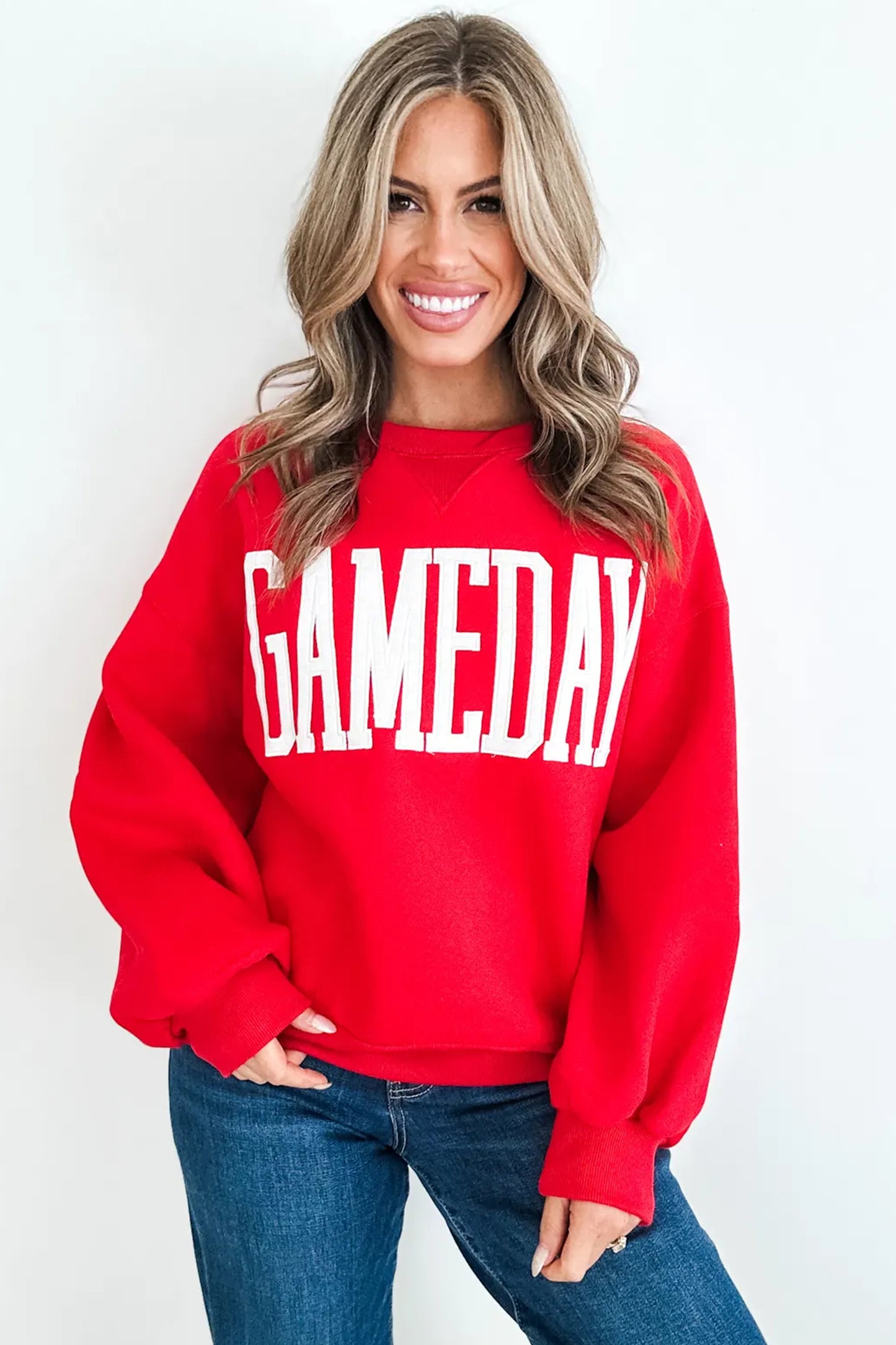 Red GAMEDAY Embroidered Patch Pattern Sweatshirt