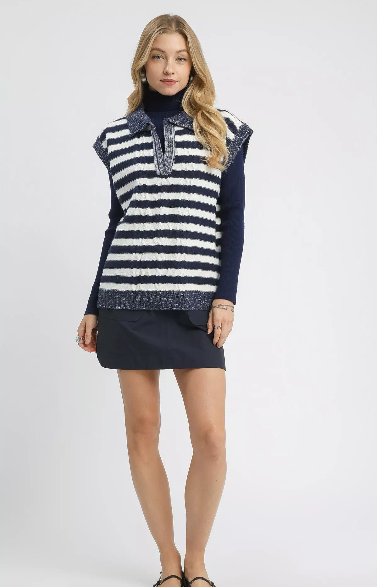 Umgee Cable Knit Collared Striped Vest Sweater