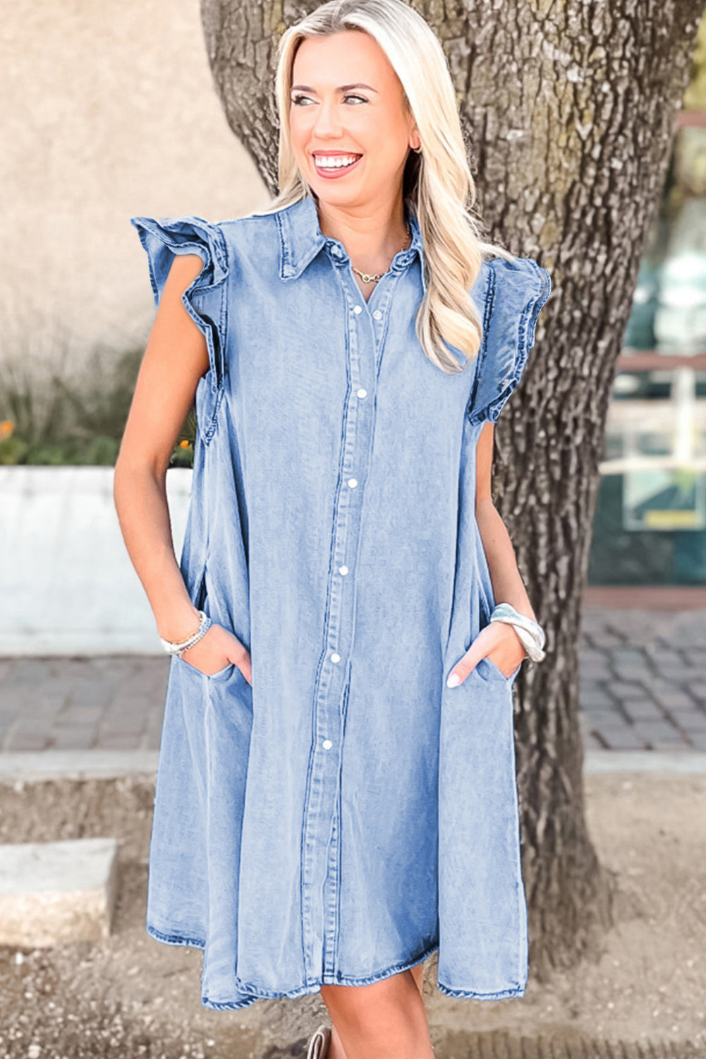 Beau Blue Double Ruffled Sleeves Denim Dress