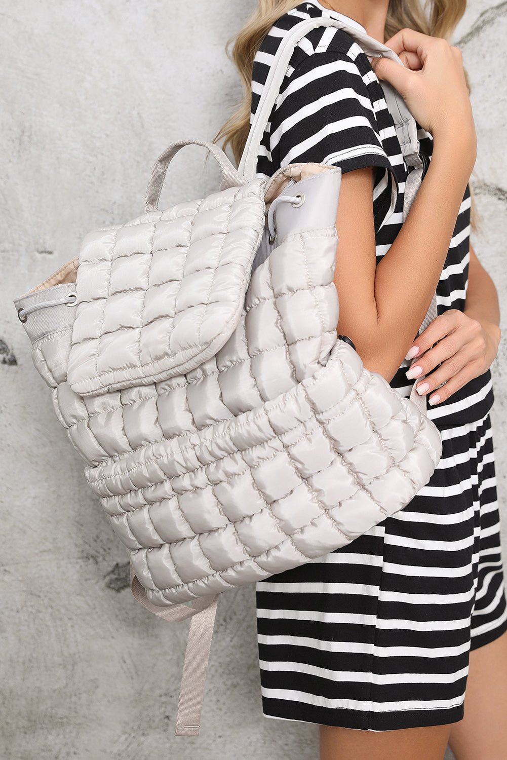 Coffee Solid Flapped Quilted Puffer Backpack