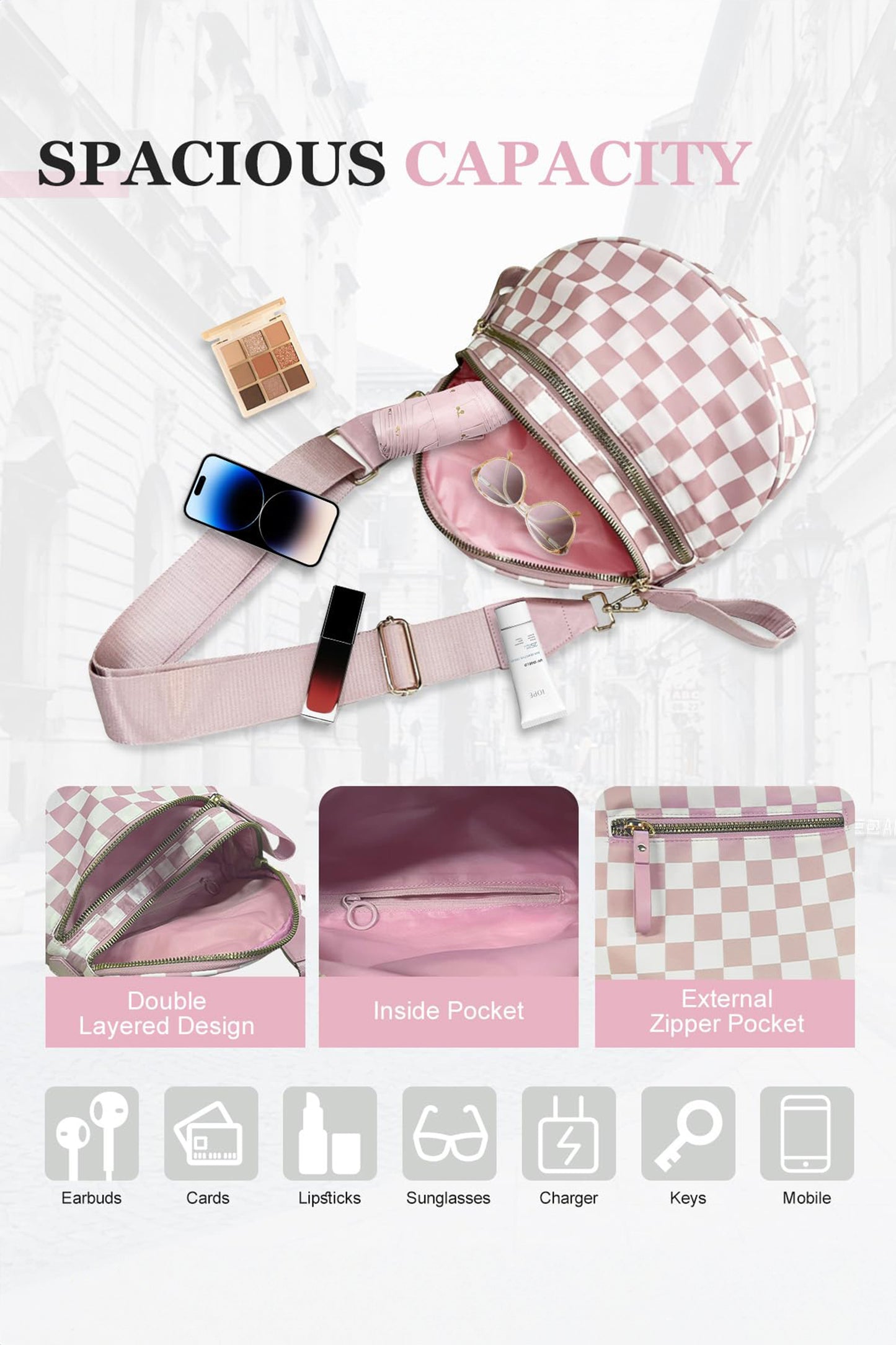 White Checkered Print Wide Strap Large Crossbody Bag