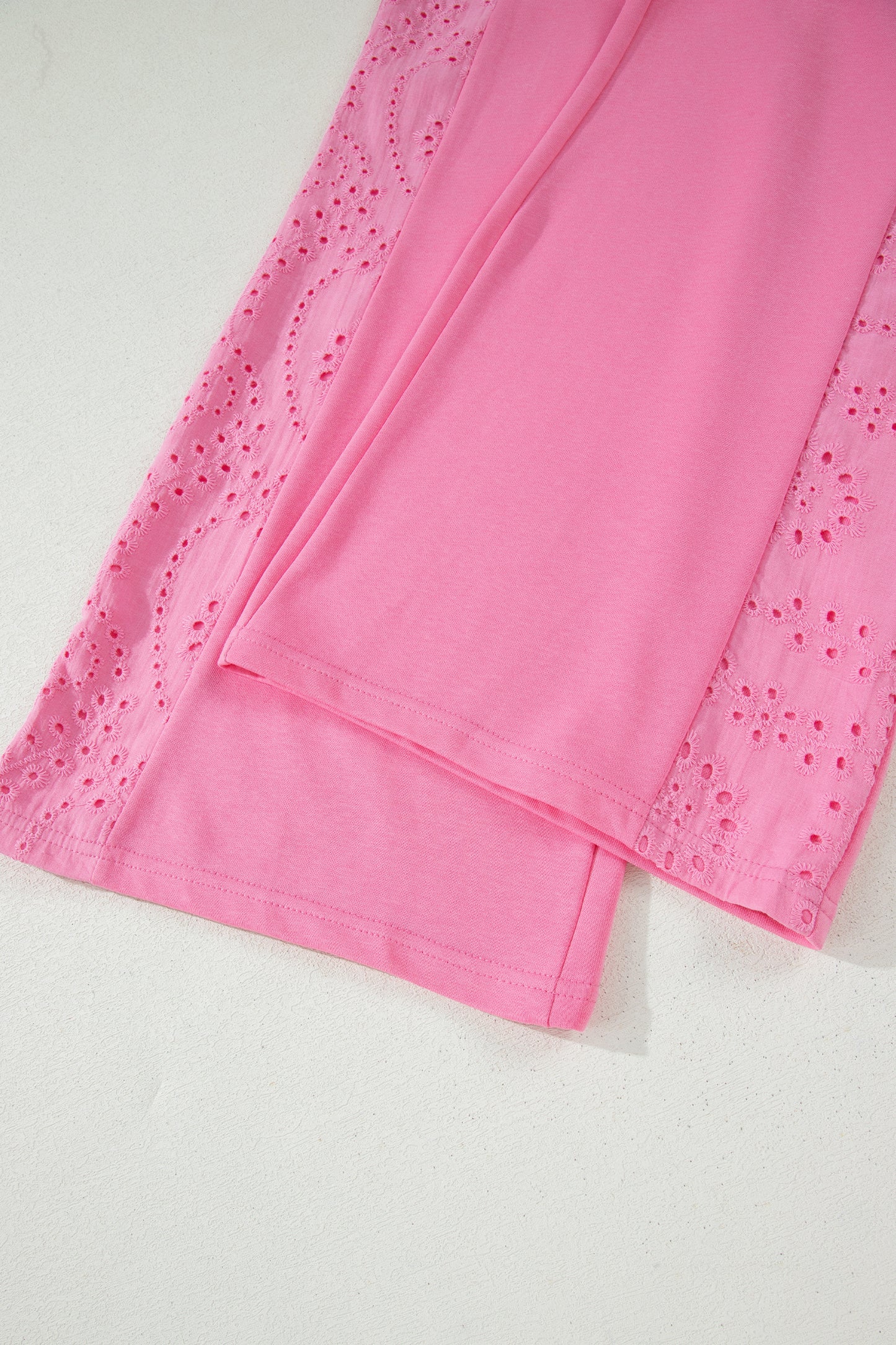Sachet Pink Lace Patchwork Half Sleeve Top Elastic Waist Pants Two Piece Set