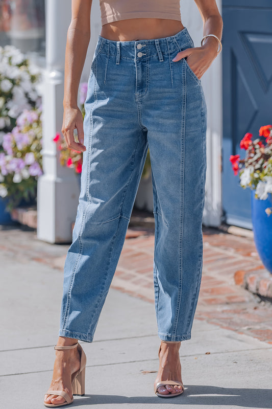 Sky Blue Medium Wash Cuffed Barrel Jeans
