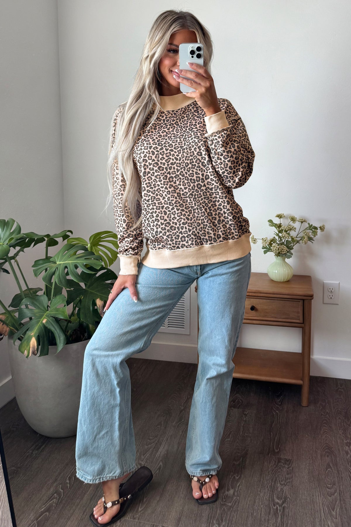 Multicolour Leopard Print High Neck Long Sleeve Ribbed Cuffs Hem Sweatshirt