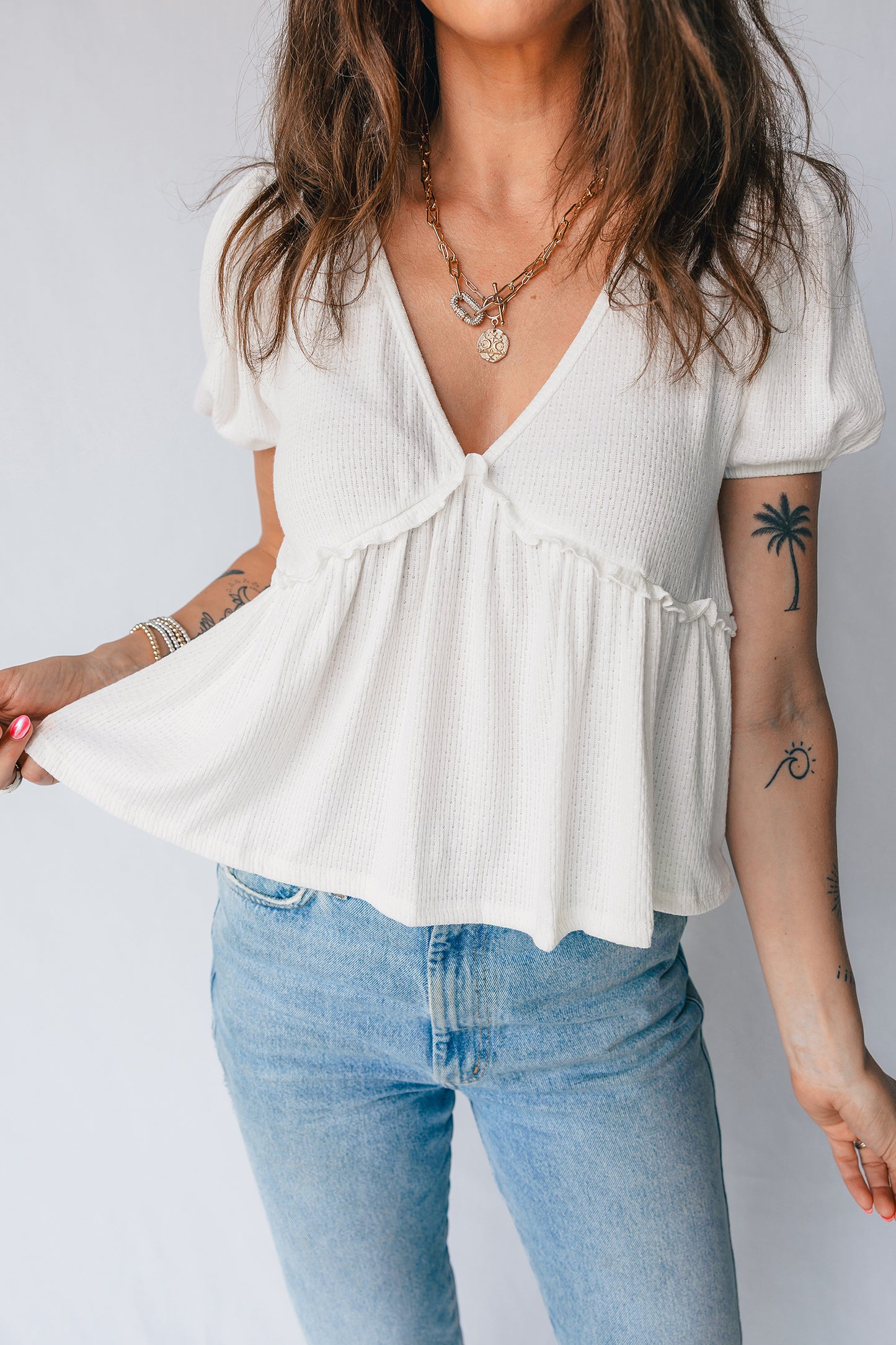 White Bubble Sleeve Peplum Top