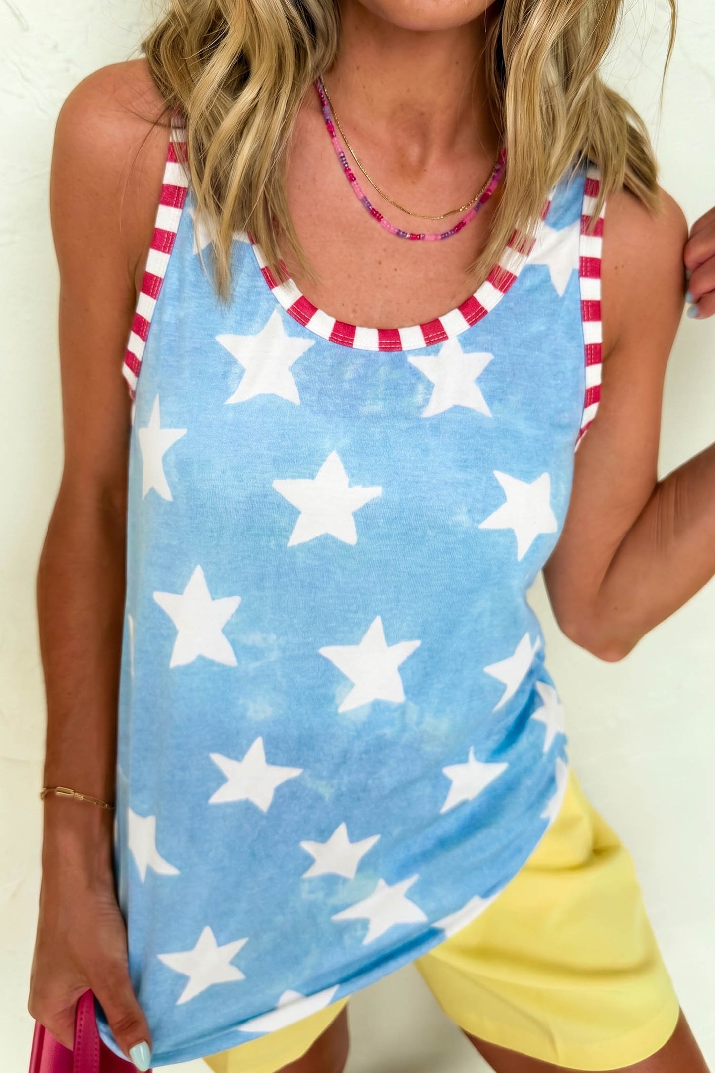 Sky Blue Tie Dye Star Print Striped Trim Round Neck Casual Tank Top