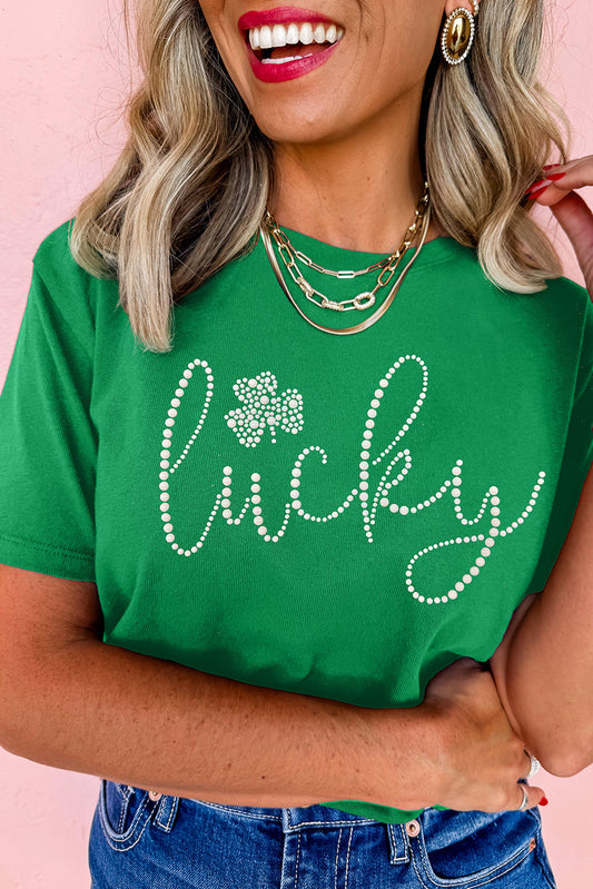 Bright Green Rhinestone Lucky Clover Graphic Tee