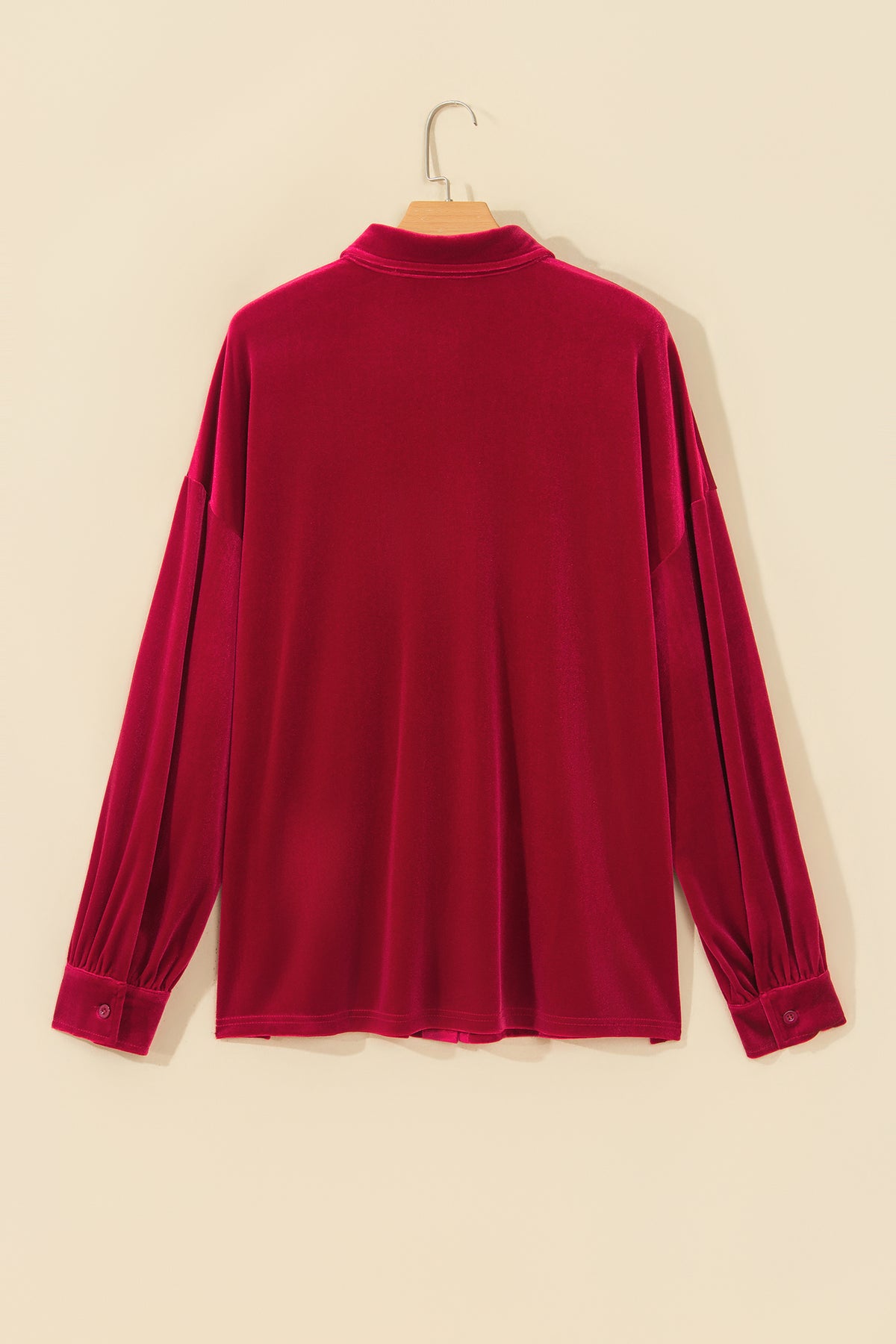 Fiery Red Soft Velvet Patch Pocket Button Down Loose Shirt