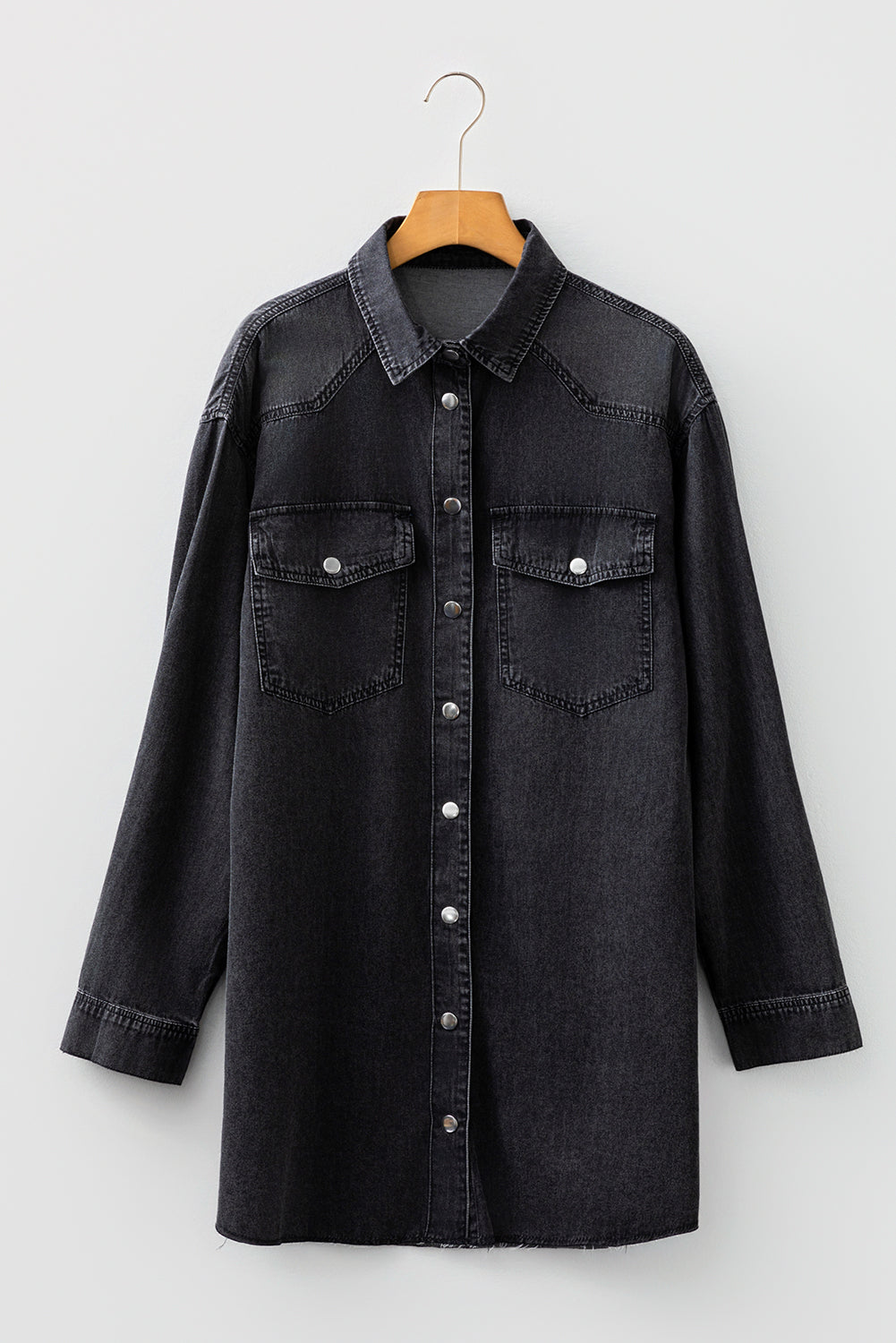 Medium Grey Beau Chest Pocket Raw Hem Denim Loose Shirt Dress
