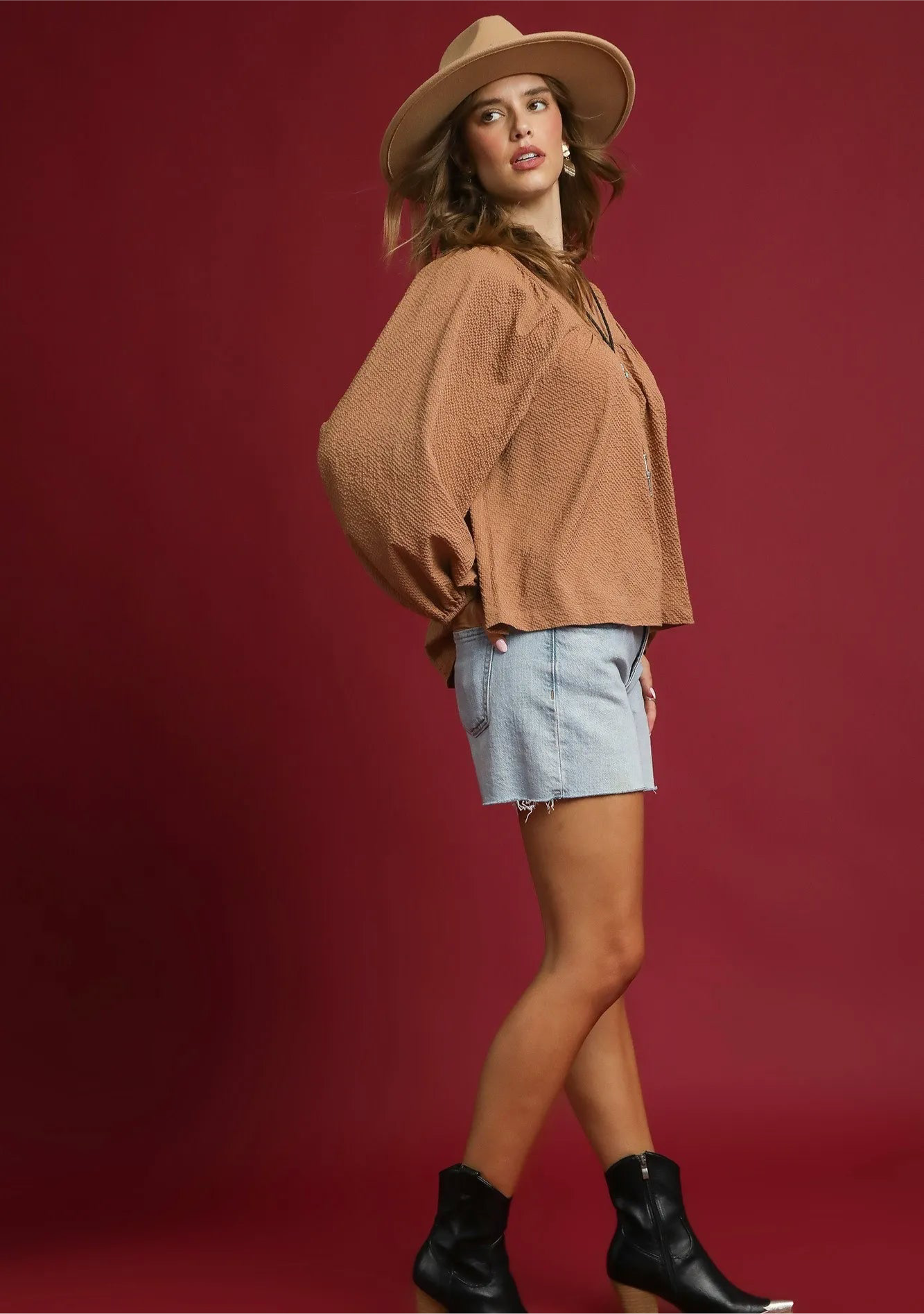 Umgee Textured Notched Blouse with Balloon Sleeves