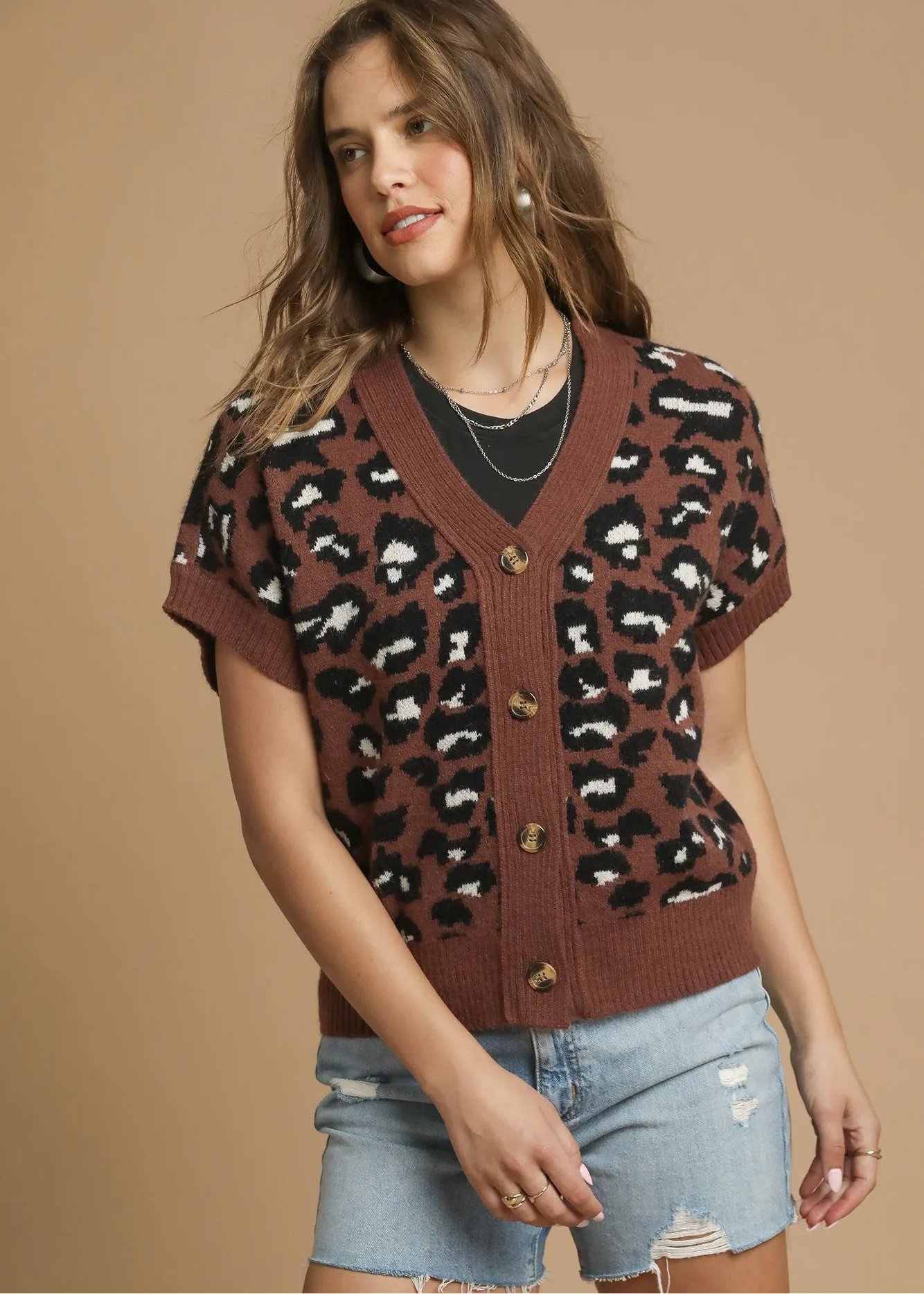 Umgee Leopard Button Down Short Sleeve Cardigan