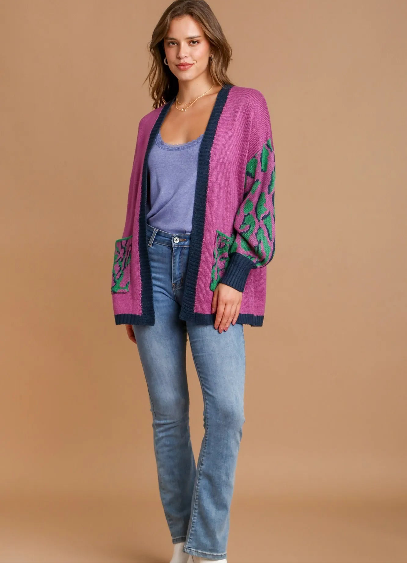 Umgee Animal Print Open Front Sweater Cardigan