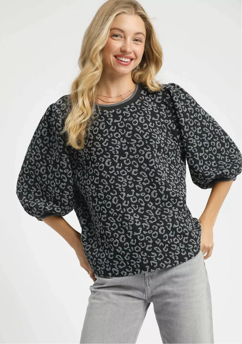 Umgee Leopard Print Jacquard Blouse with Puff Sleeves
