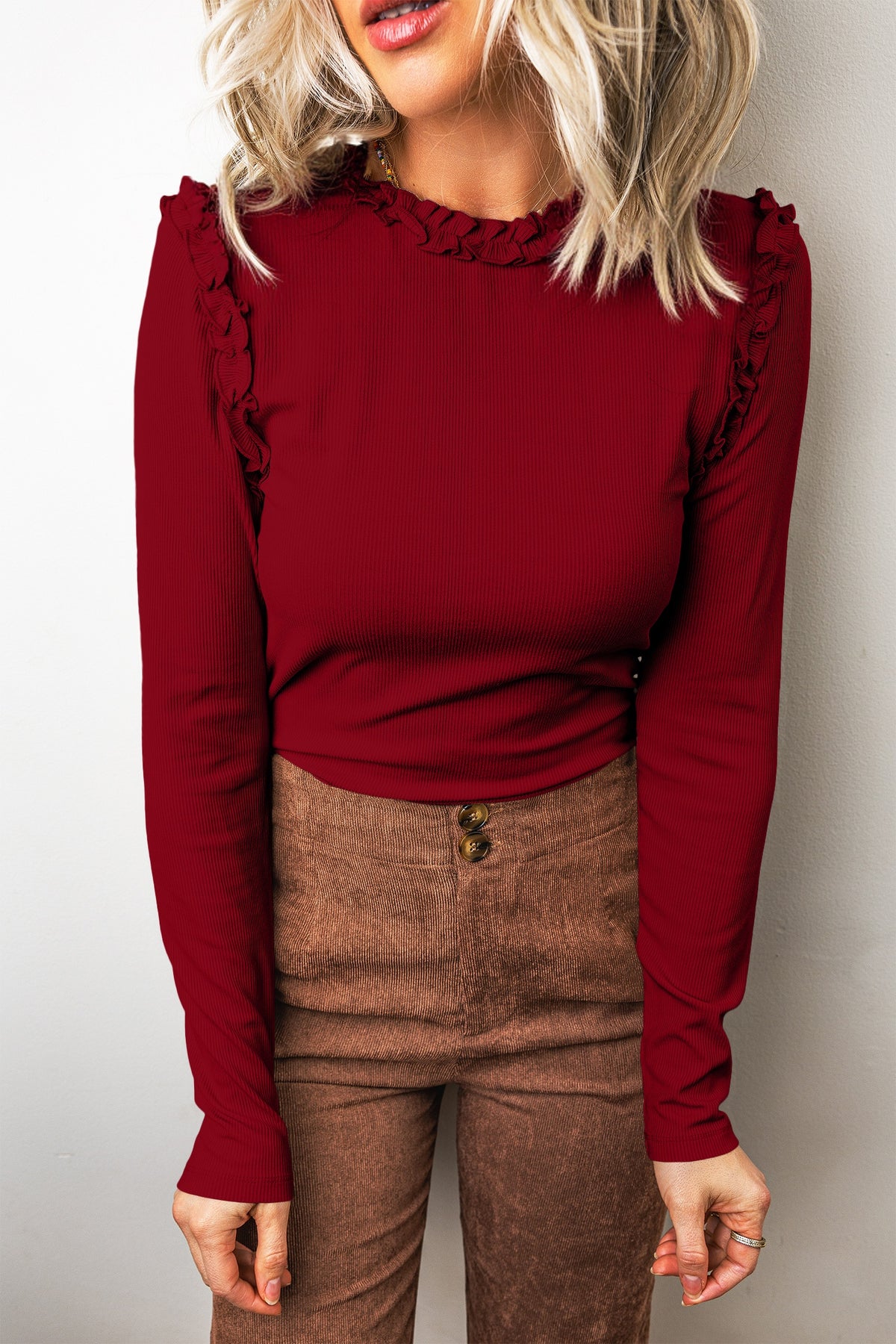 Black Solid Color Round Neck Frill Detail Long Sleeve Top