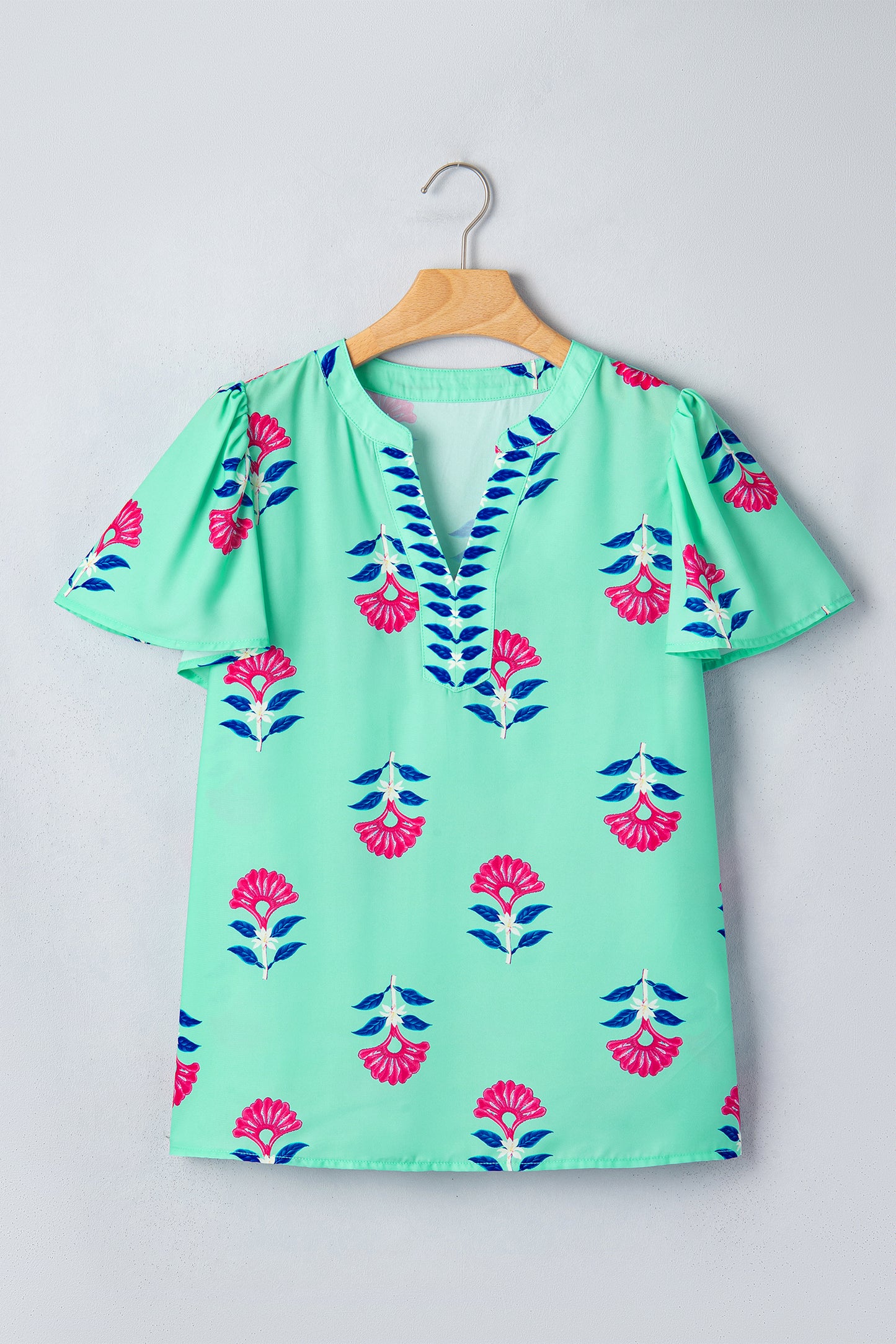 Green Floral V Neck Flutter Sleeve Blouse