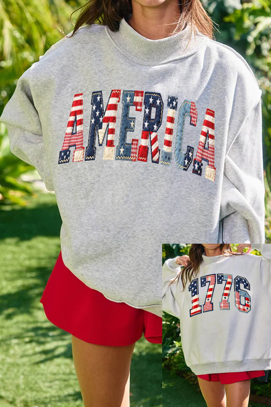 Light Grey AMERICA 1776 Faux Patchwork Print Reversible Mock Neck Sweatshirt