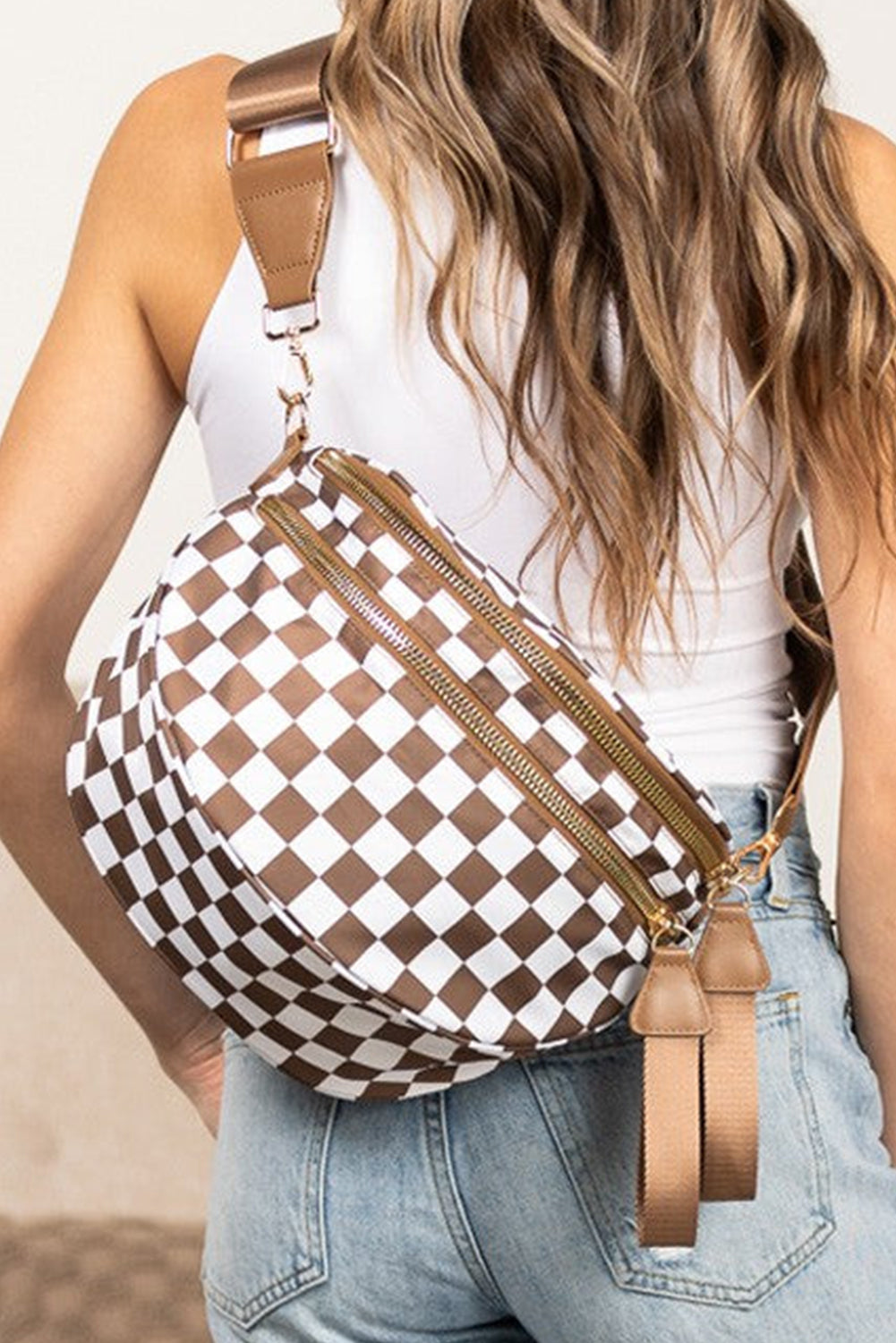 White Checkered Print Wide Strap Large Crossbody Bag