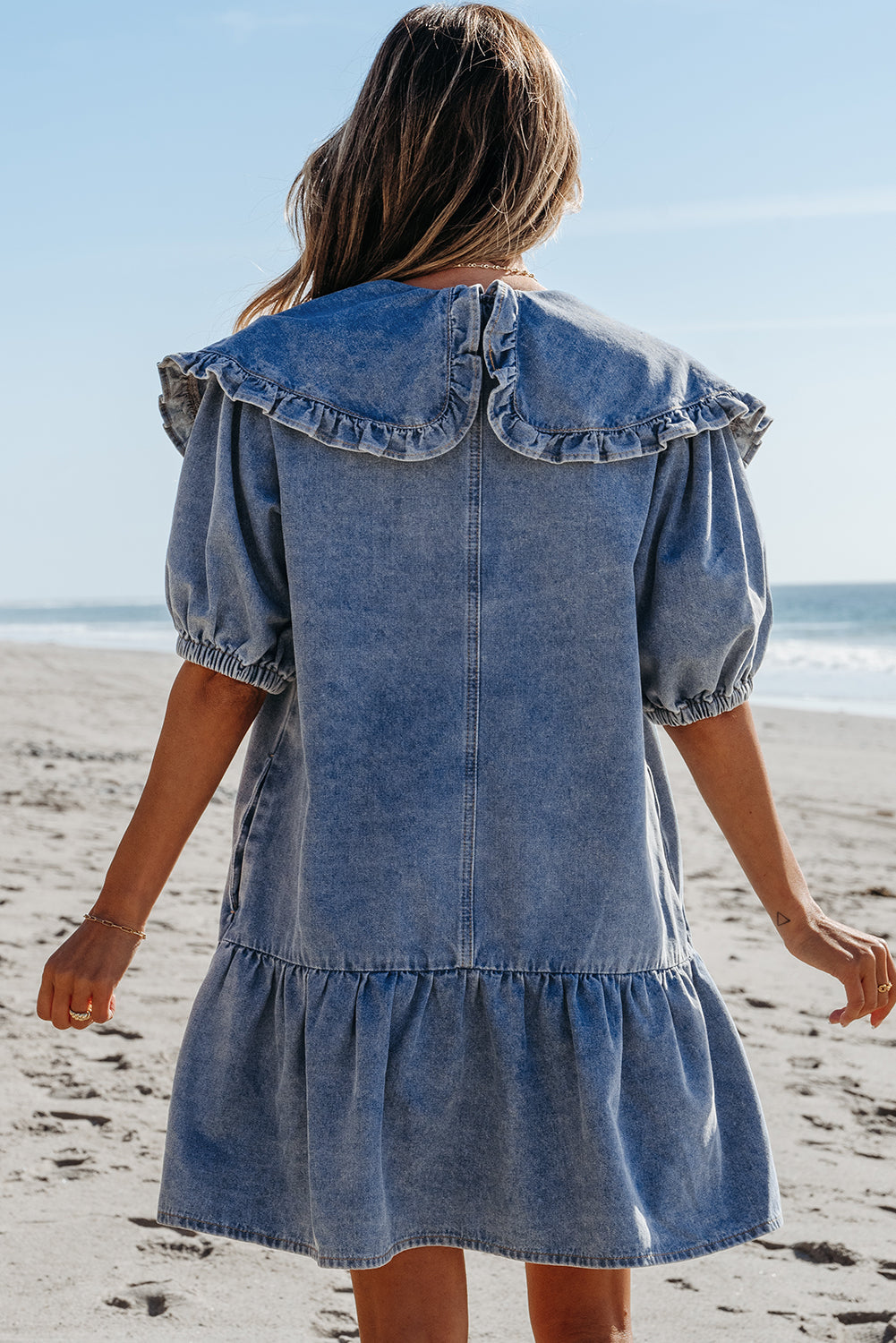Pearls and Puff Sleeves Denim Dress