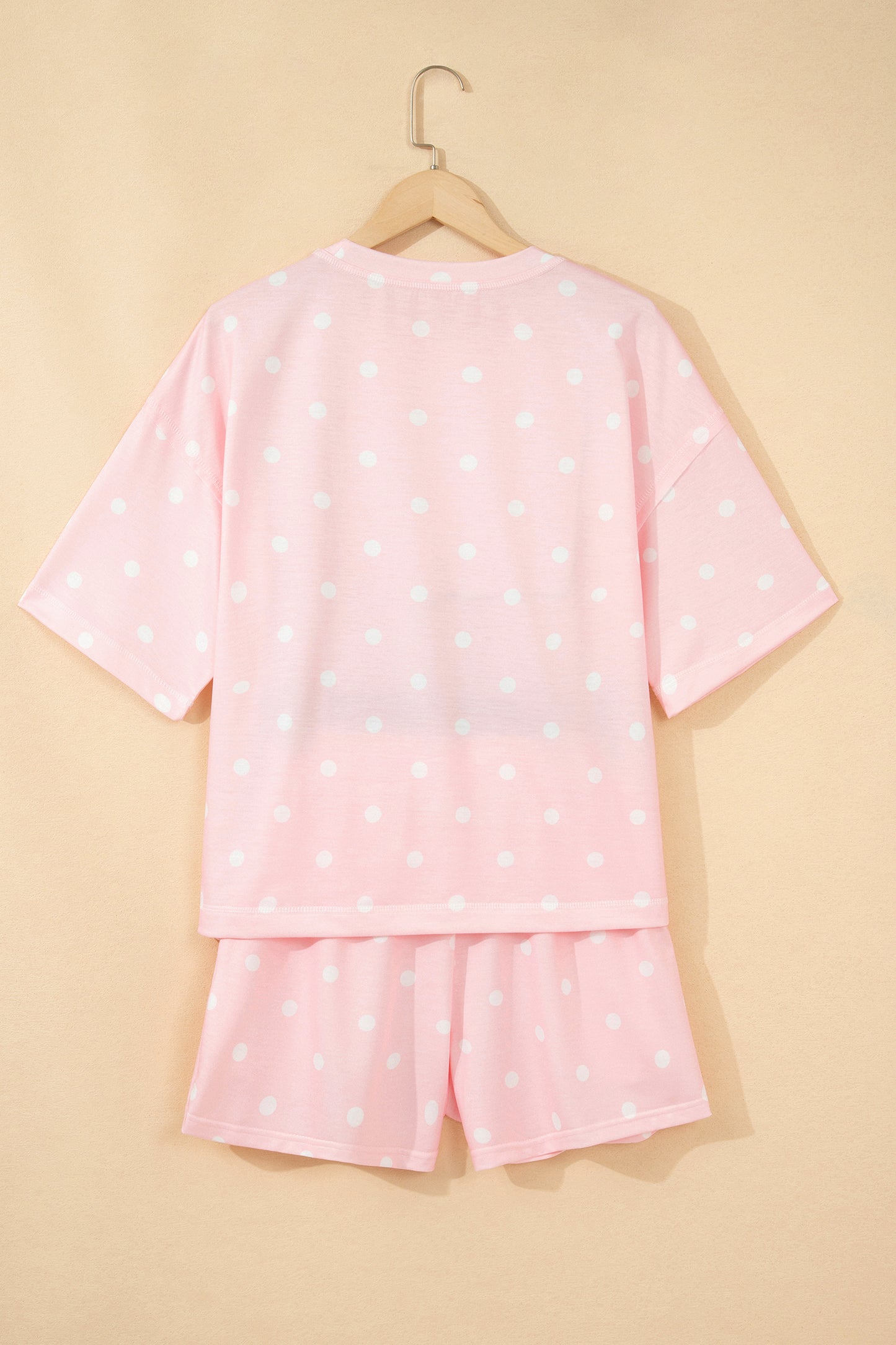 Pink Exposed Seam Detail Polka Dot Loose Tee Drawstring Shorts Set