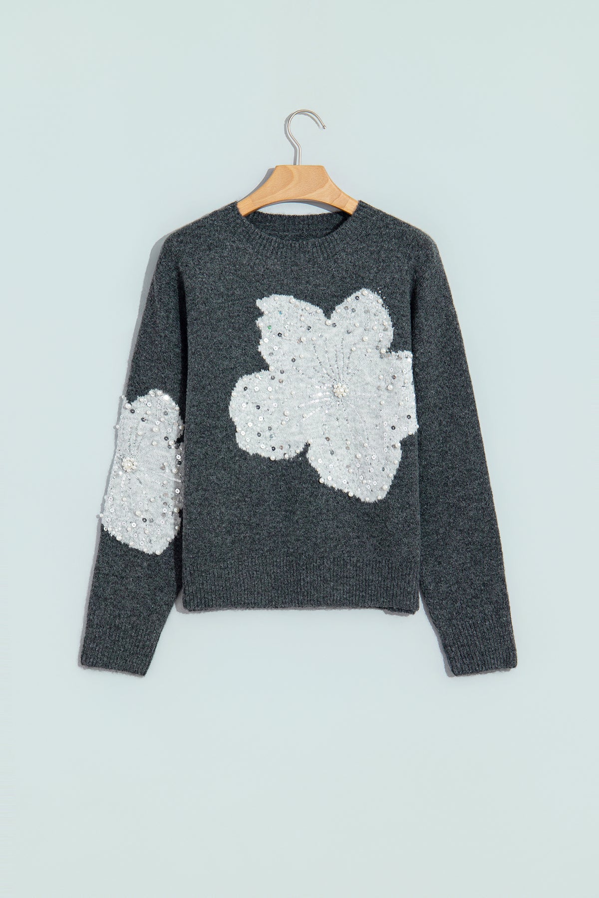 Dark Grey Beaded Floral Accent Casual Round Neck Sweater