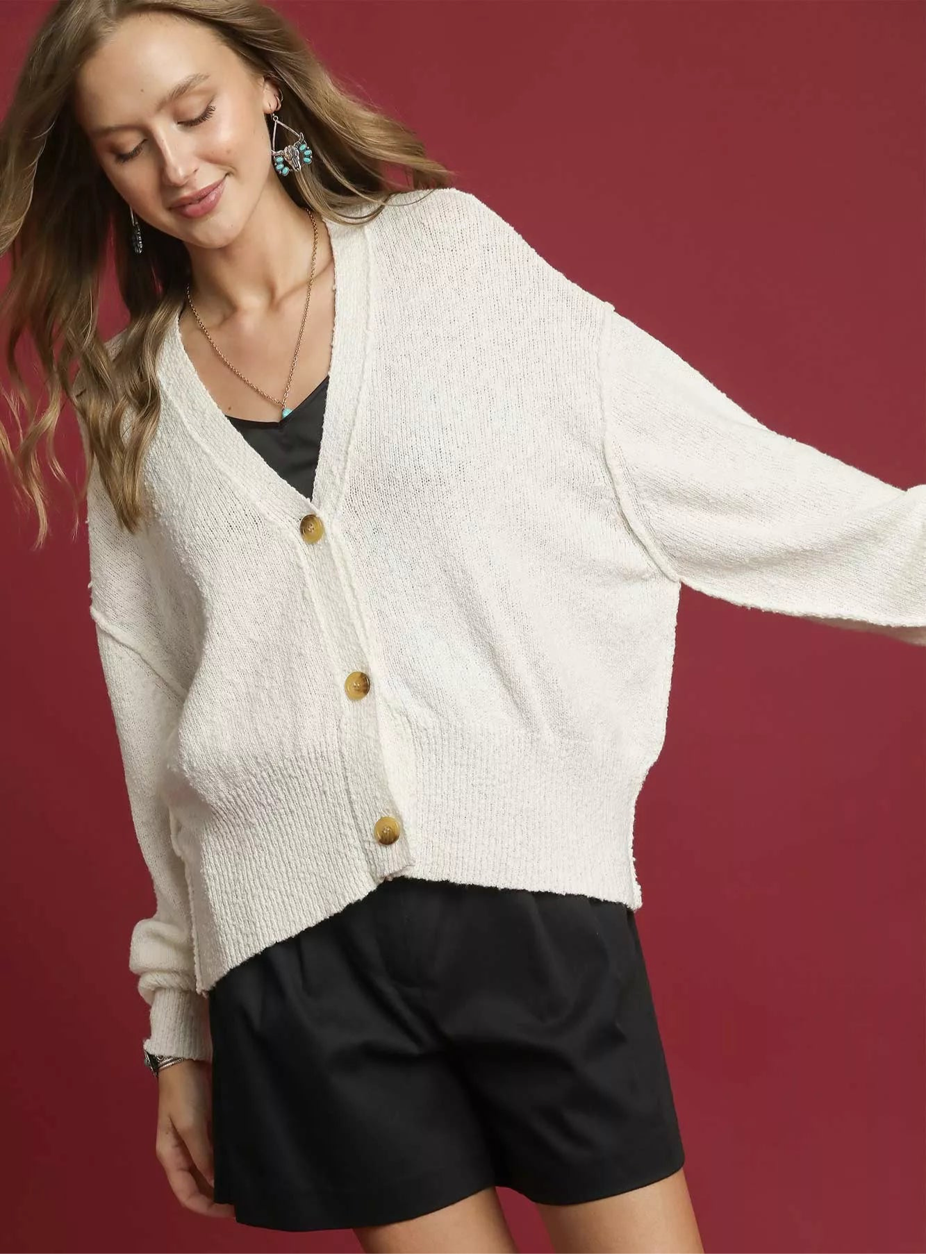 Umgee Button-Front V-Neck Knit Cardigan