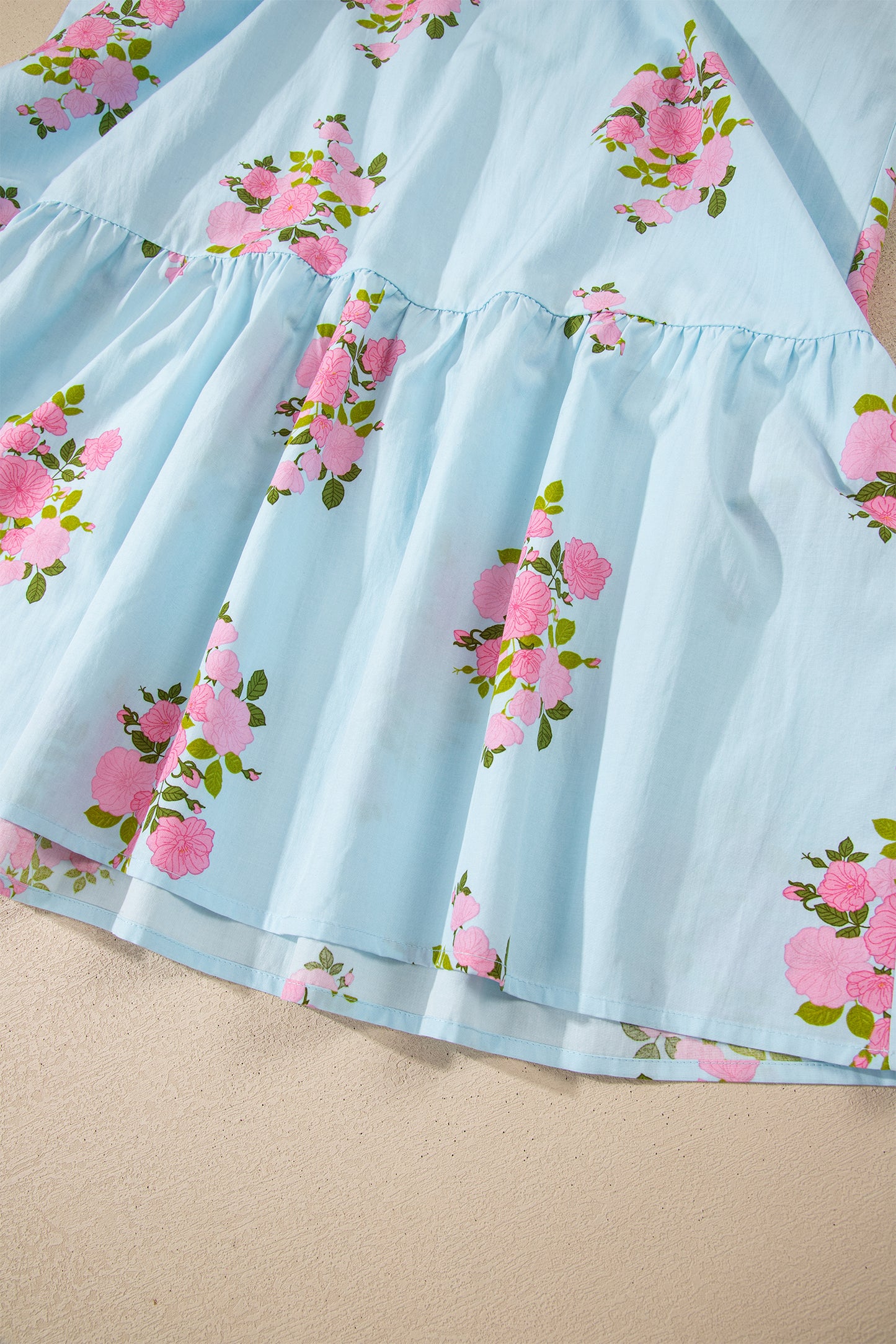 Sky Blue Notched Neck Flutter Short Sleeve Floral Print Maxi Dress