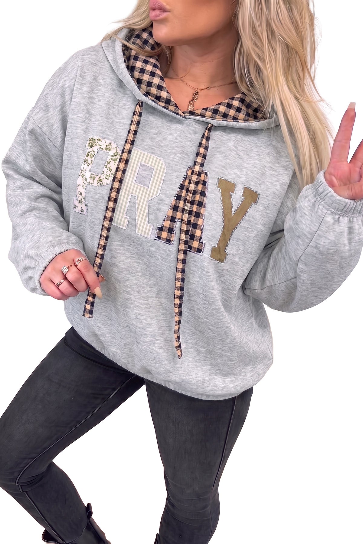 PRAY Graphic Plaid Contrast Drawstring Hoodie