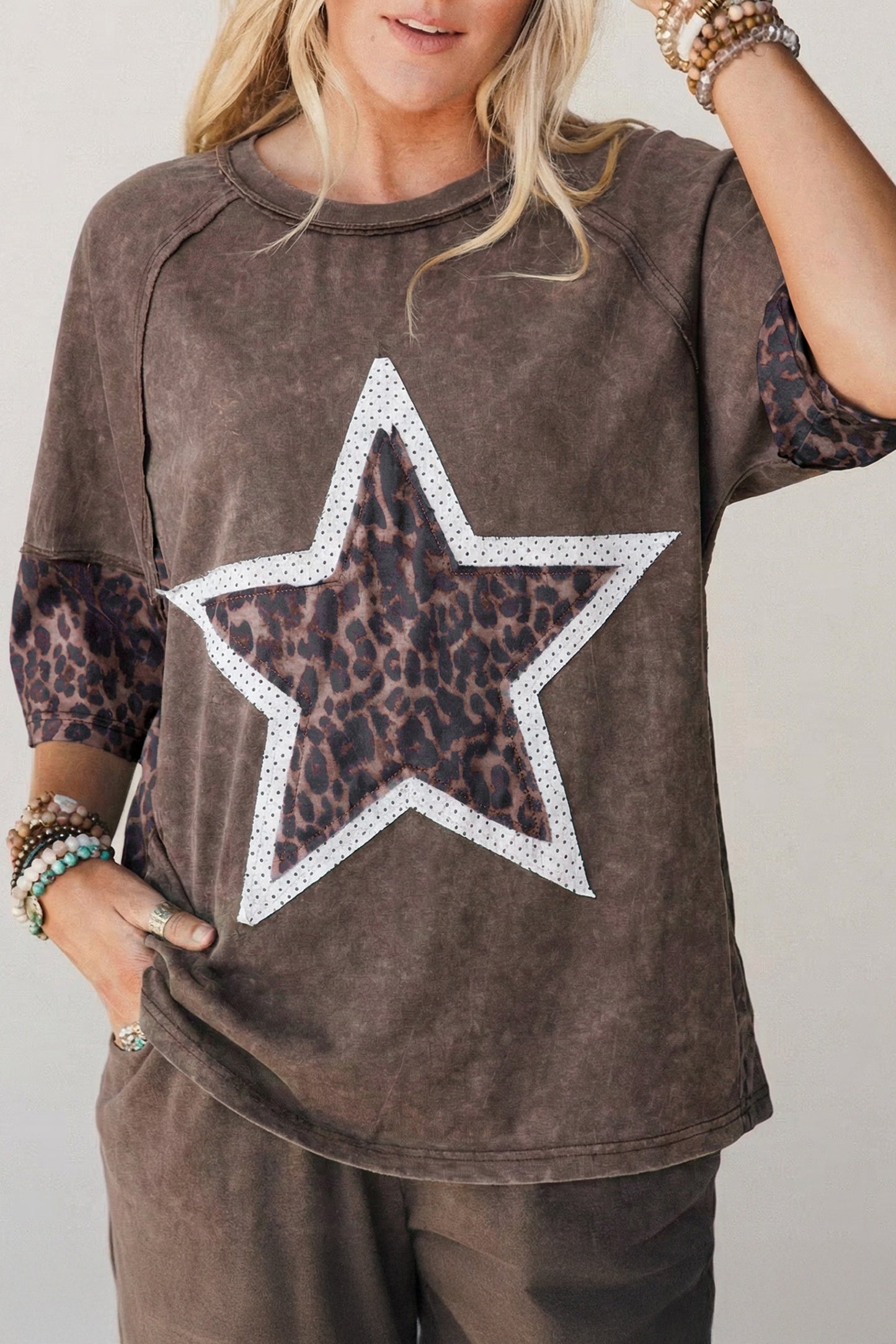 Mineral Wash Exposed Seam Leopard Star Patched T Shirt