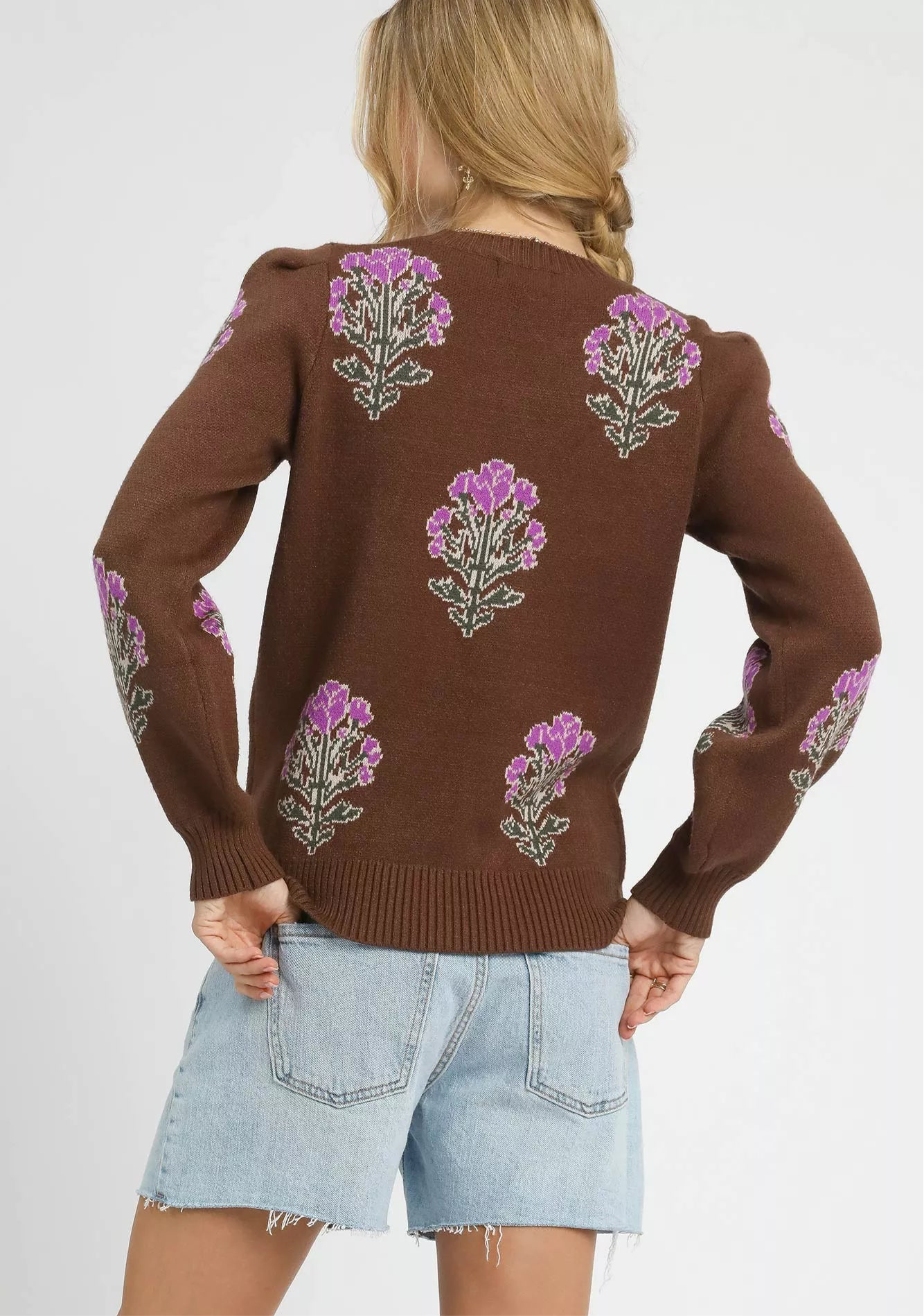 Umgee Single Flower Stem Jacquard Sweater