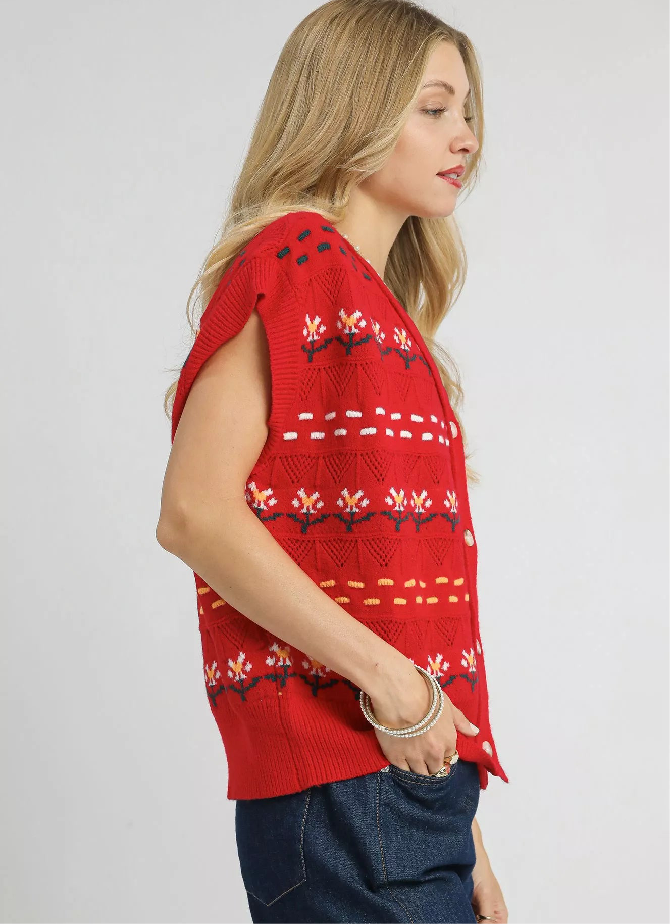 Umgee Button-Down Knit Vest with Floral Pattern