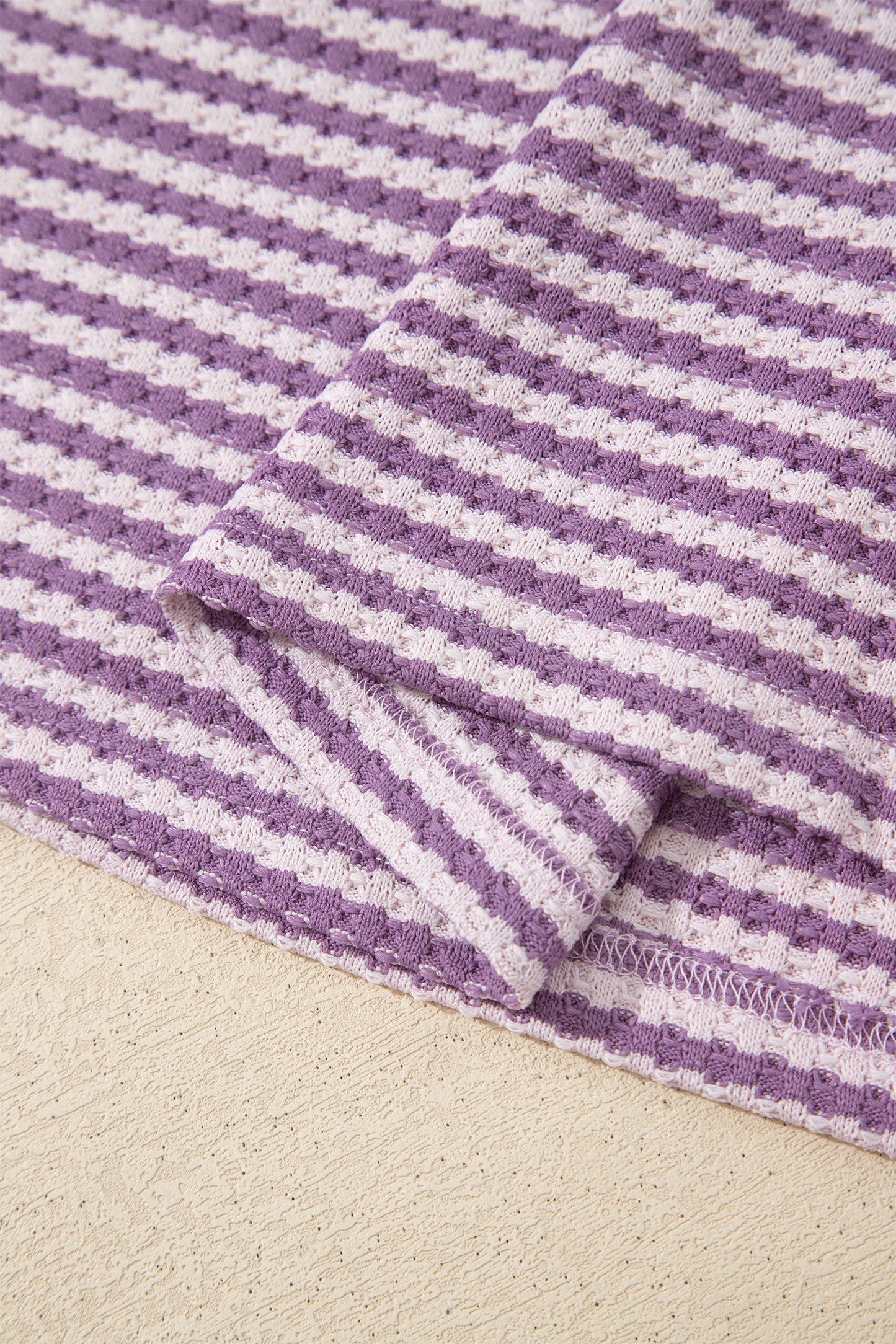 Purple Stripe Breathable Textured Knit Short 2pcs Set