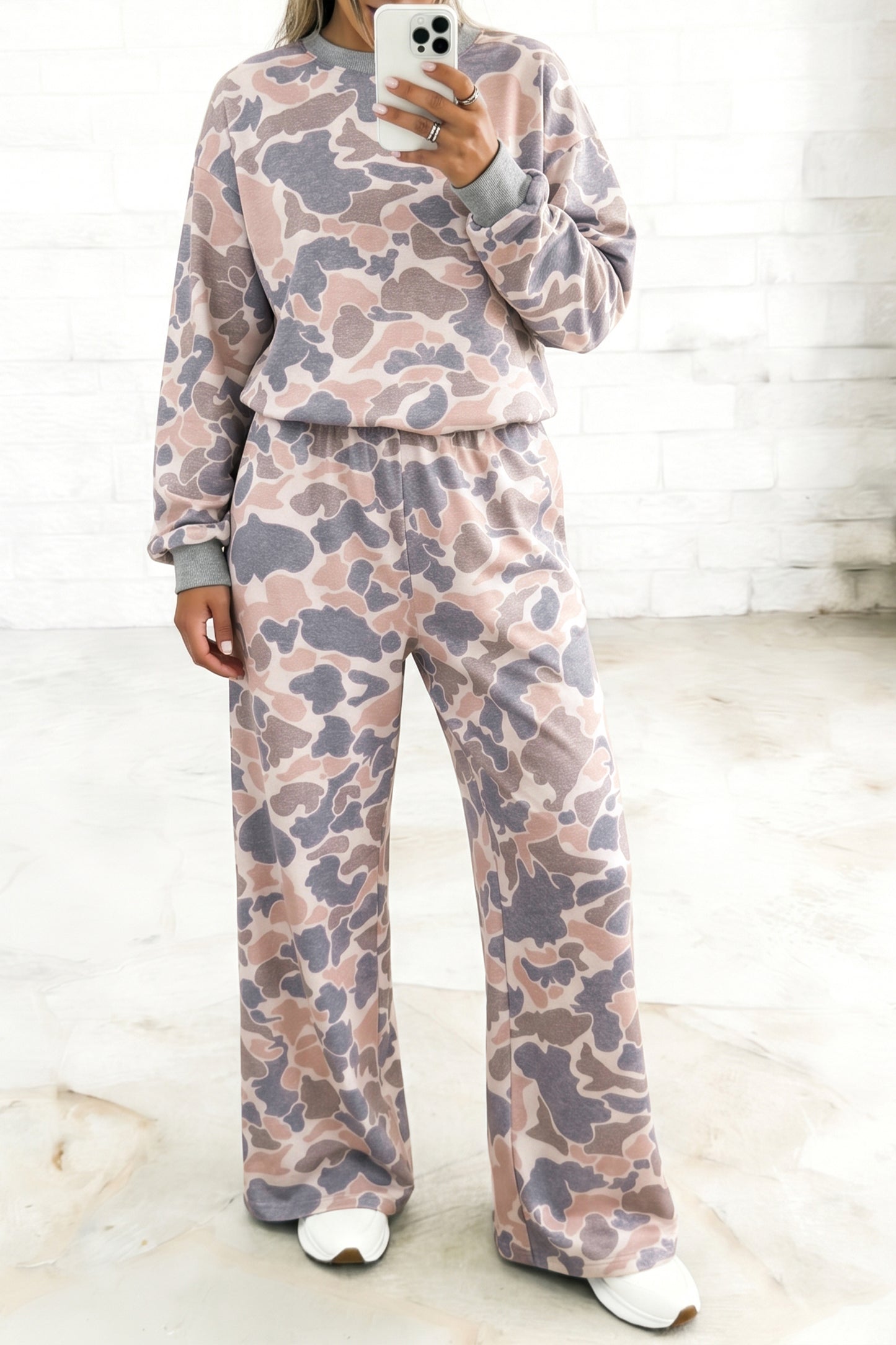 Multicolour Camouflage Print Long Sleeve Top Loose 2pcs Pants Set