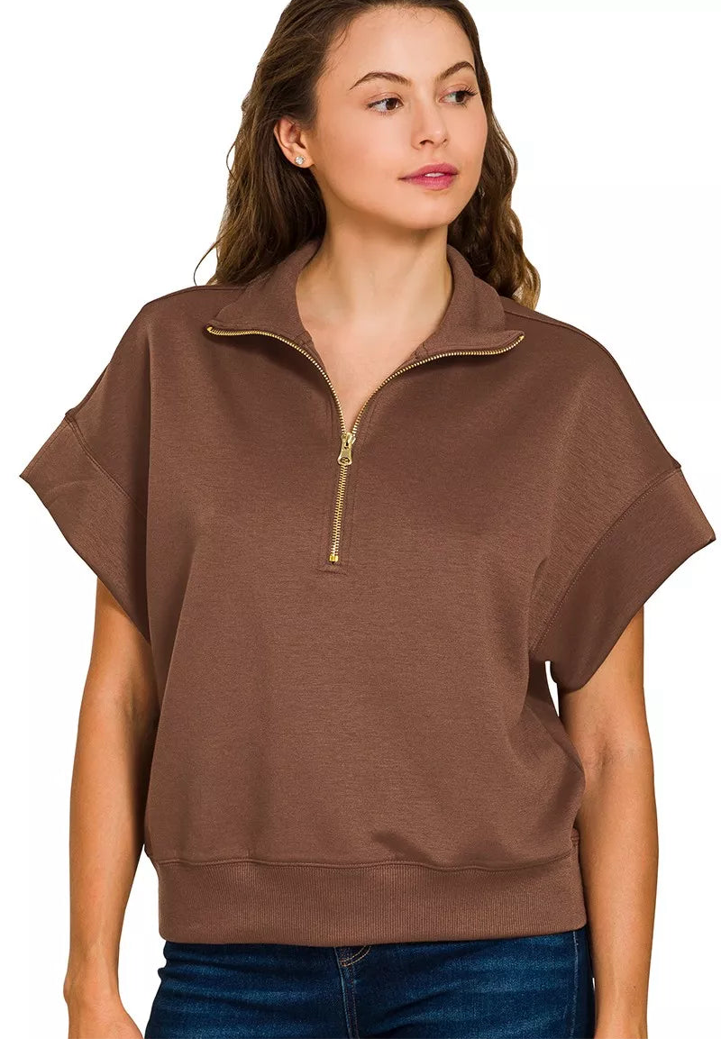 Zenana Full Size Scuba High Neck Half Zip Short Sleeve Top Plus Size