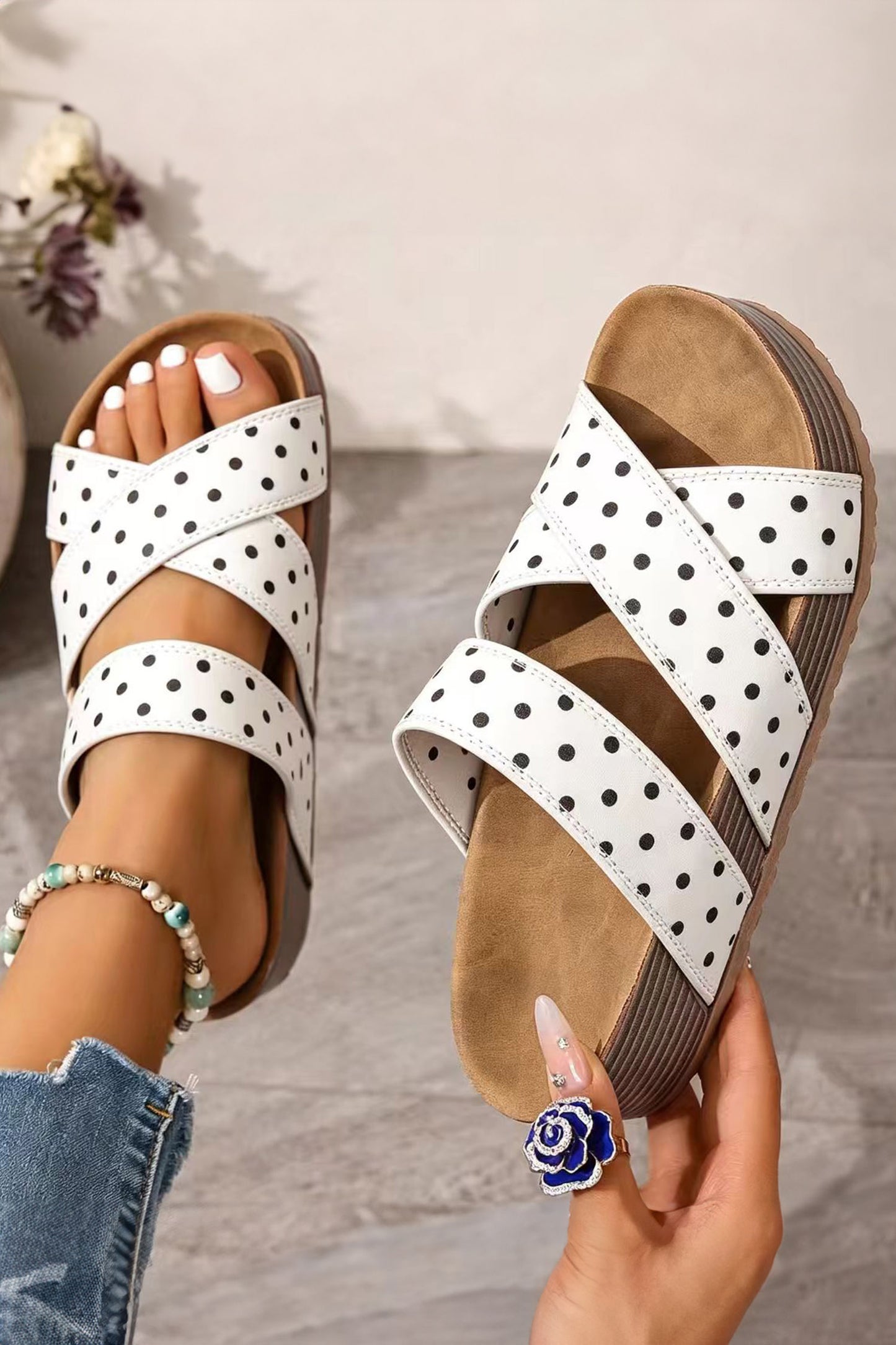 Color black Polka Dot Crossed Band Soft Suede Platform Slippers