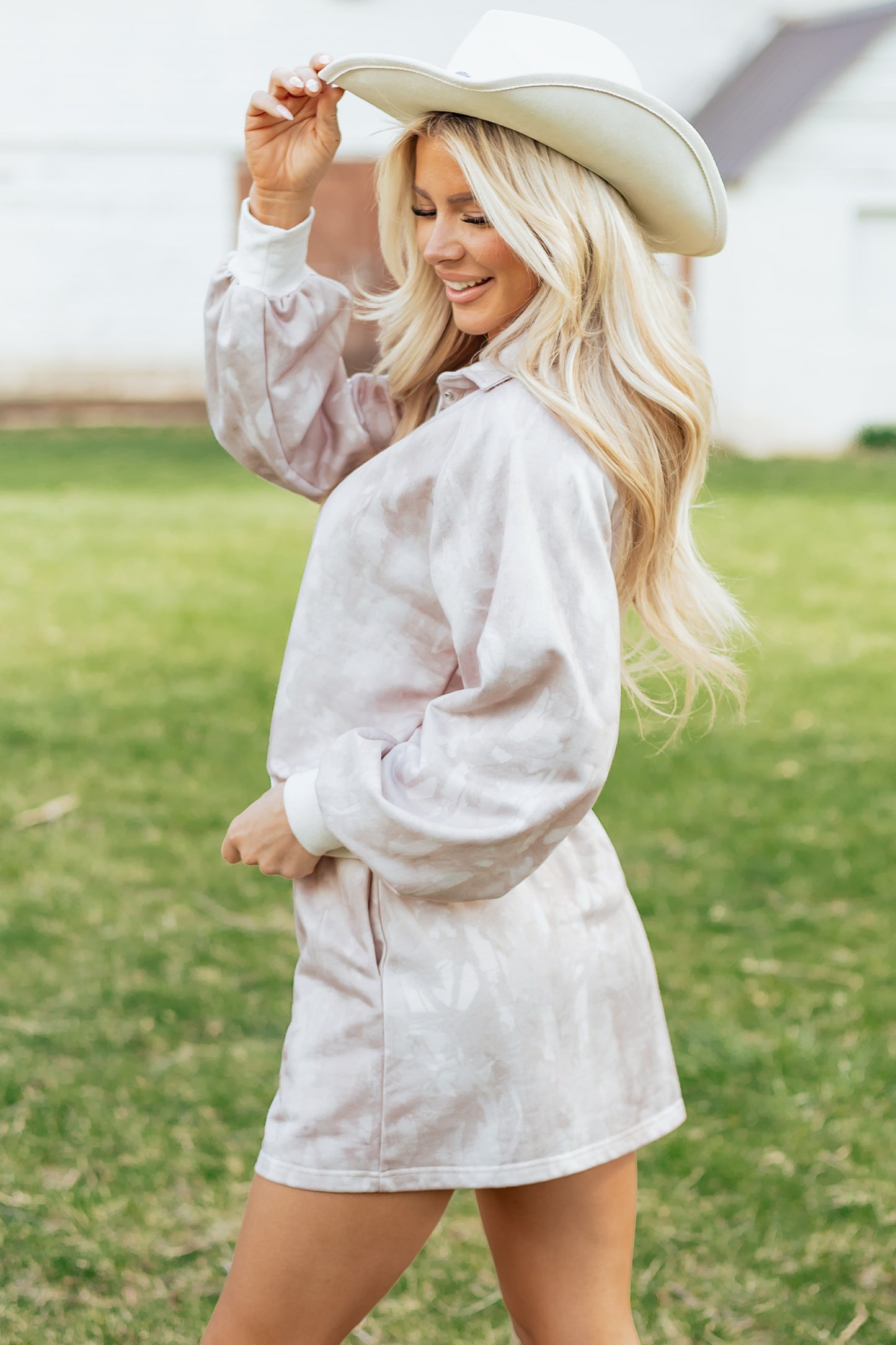 White Abstract Woodland Print Balloon Sleeve Pullover Drawstring Mini Skirt Set