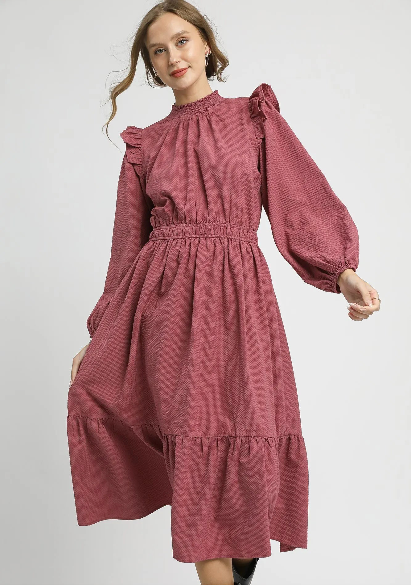 Umgee Textured Midi Dress with Ruffle Shoulder Detail