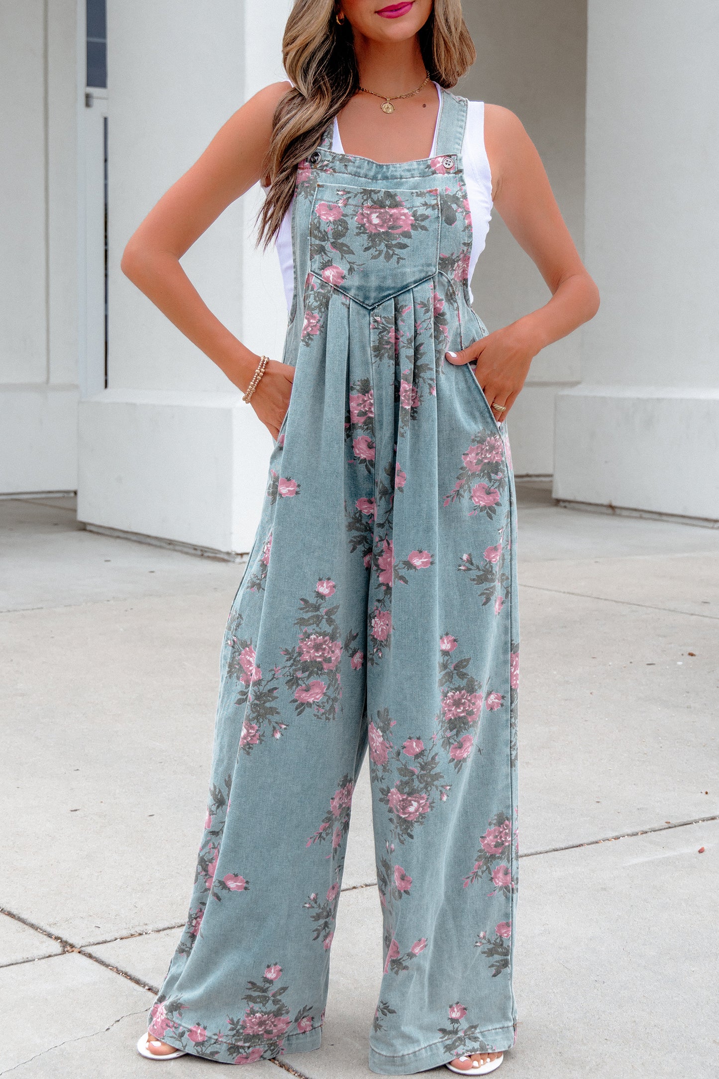 Sage Blossom Denim Jumpsuit
