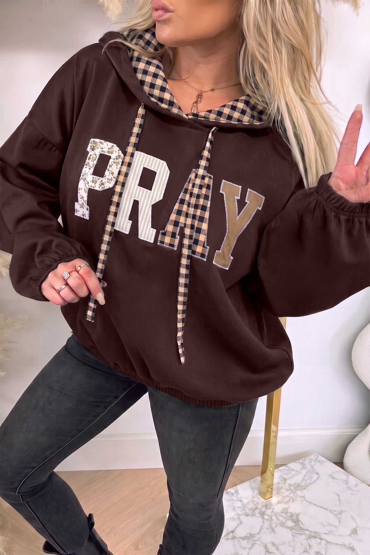 PRAY Graphic Plaid Contrast Drawstring Hoodie