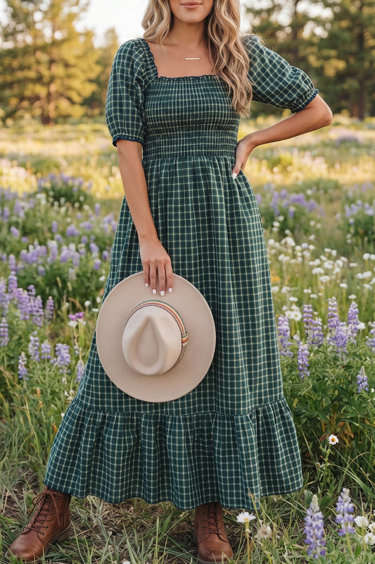 Green Plaid Square Neck Shirred High Waist Ruffle Hem Dress