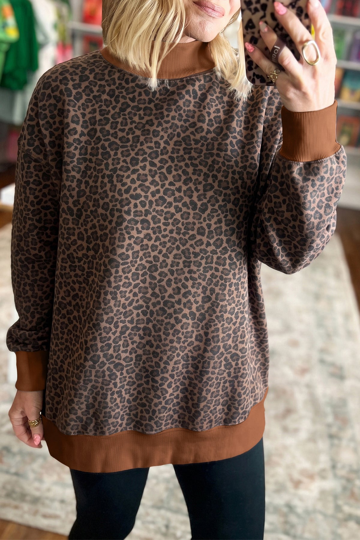 Brown Leopard Print High Neck Long Sleeve Ribbed Cuffs Hem Sweatshirt