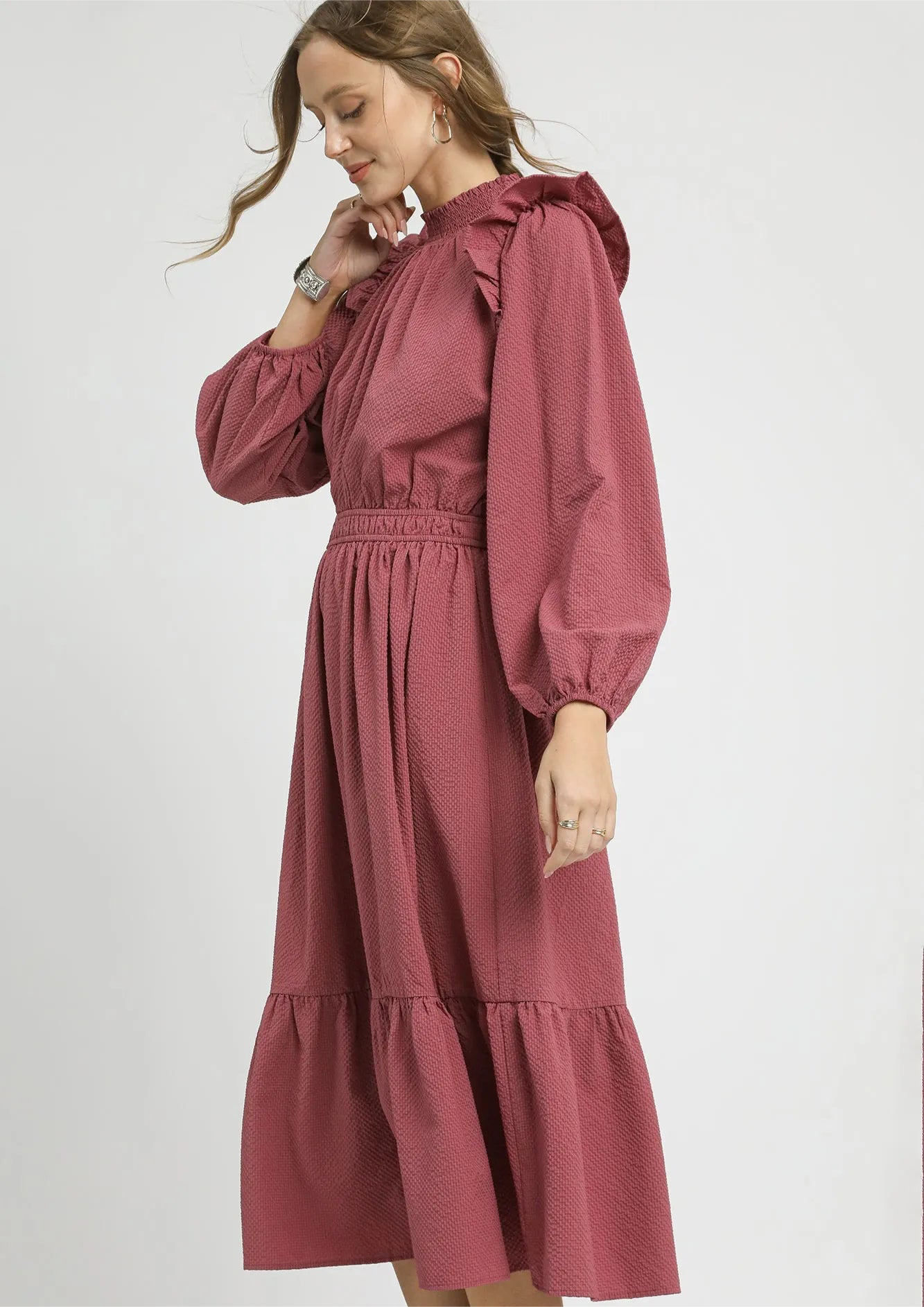 Umgee Textured Midi Dress with Ruffle Shoulder Detail