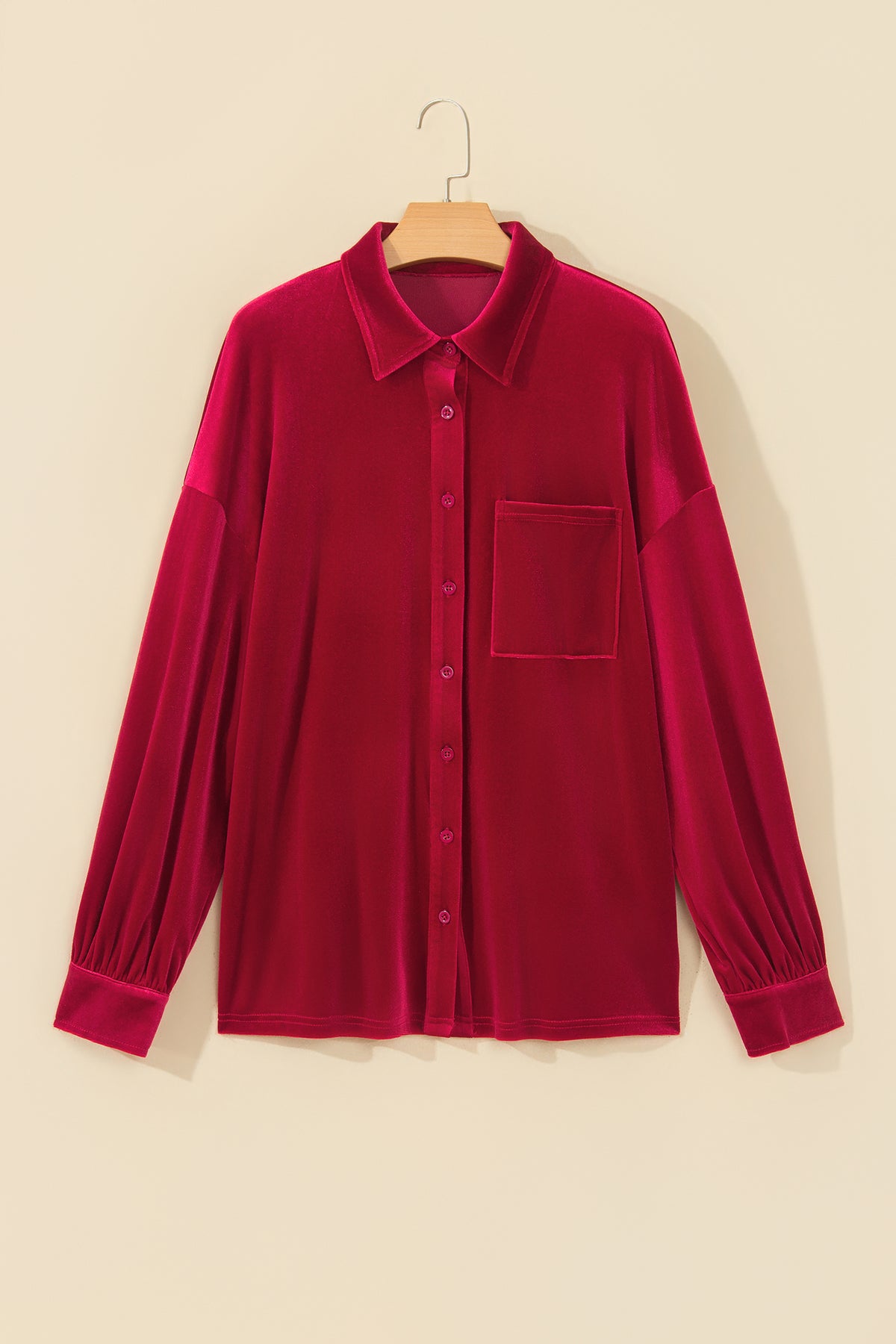 Fiery Red Soft Velvet Patch Pocket Button Down Loose Shirt