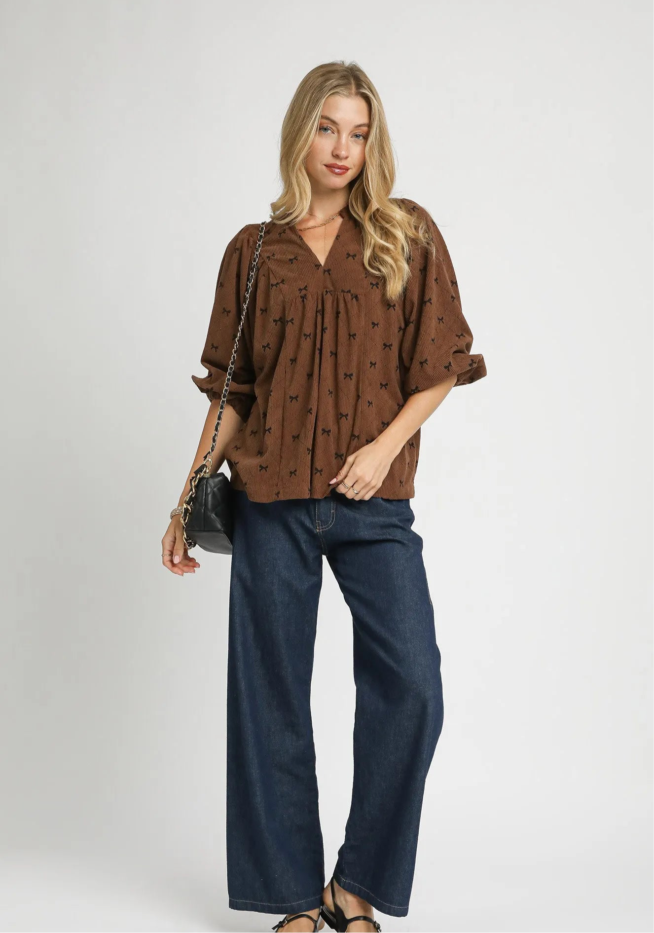 Umgee Corduroy Bow Print Balloon Sleeve Blouse