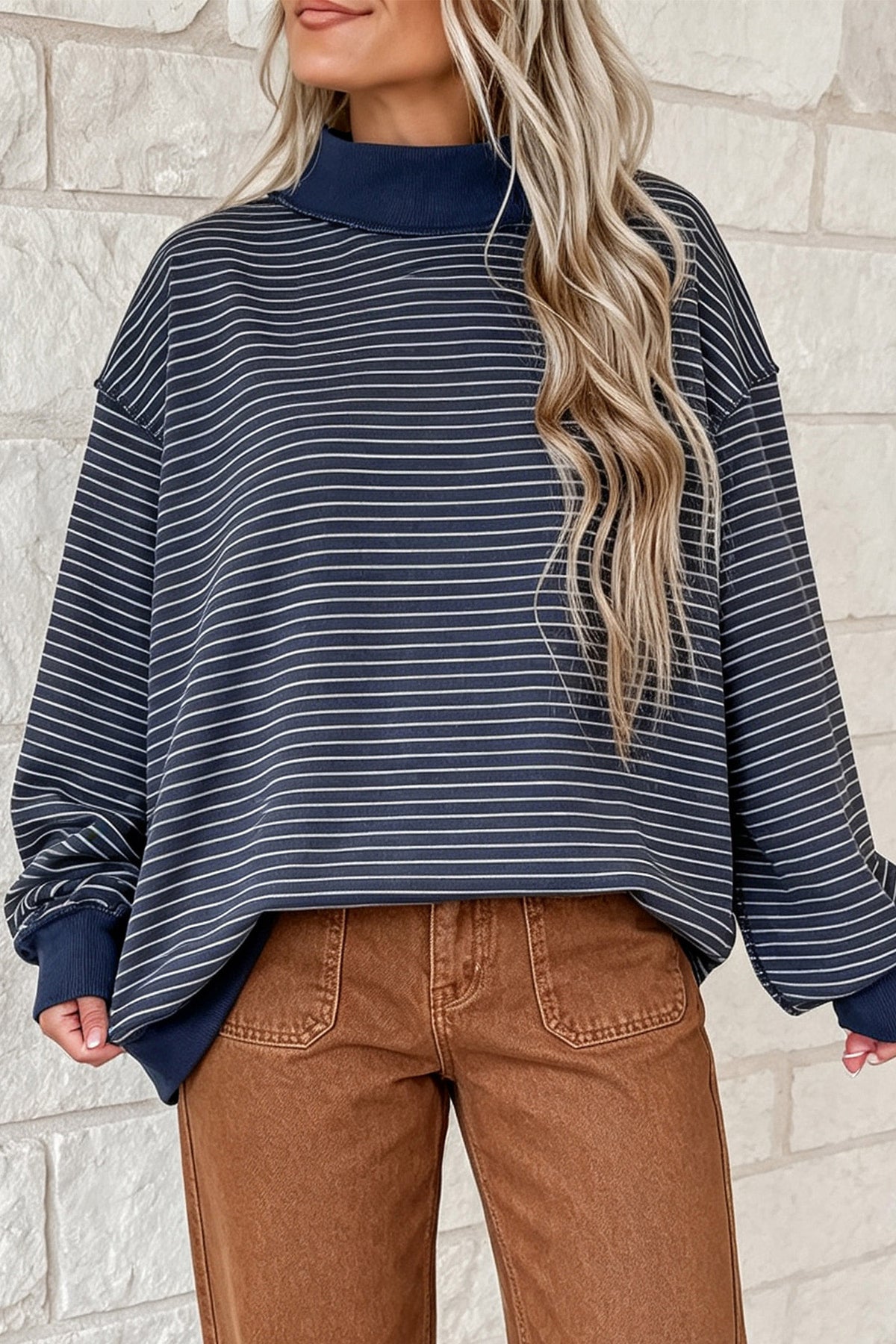 Khaki Stripe Ribbed Color Block Mock Neck Oversized Sweatshirt