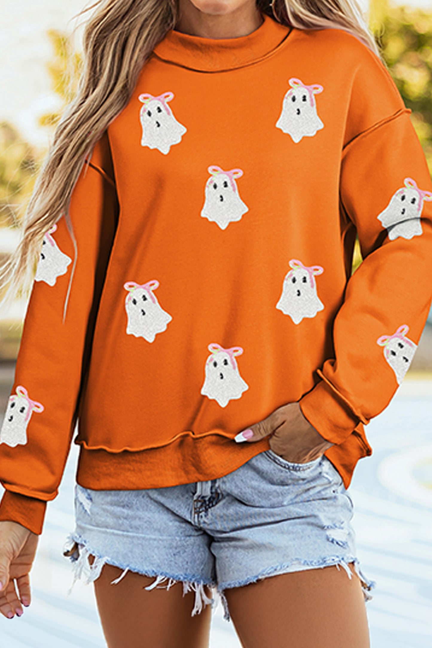 Carrot Sequin Ghost Graphic Exposed Seam Mock Neck Pullover Sweatshirt