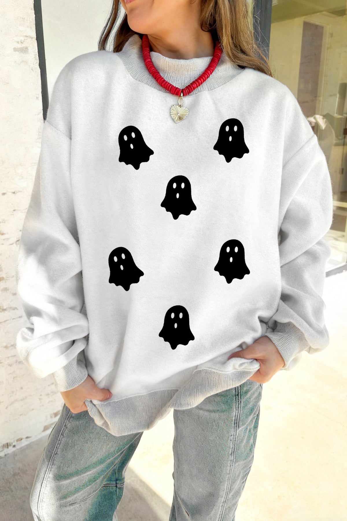 Light Grey Halloween Boo Slogan Ghost Print Reversible Mock Neck  Sweatshirt